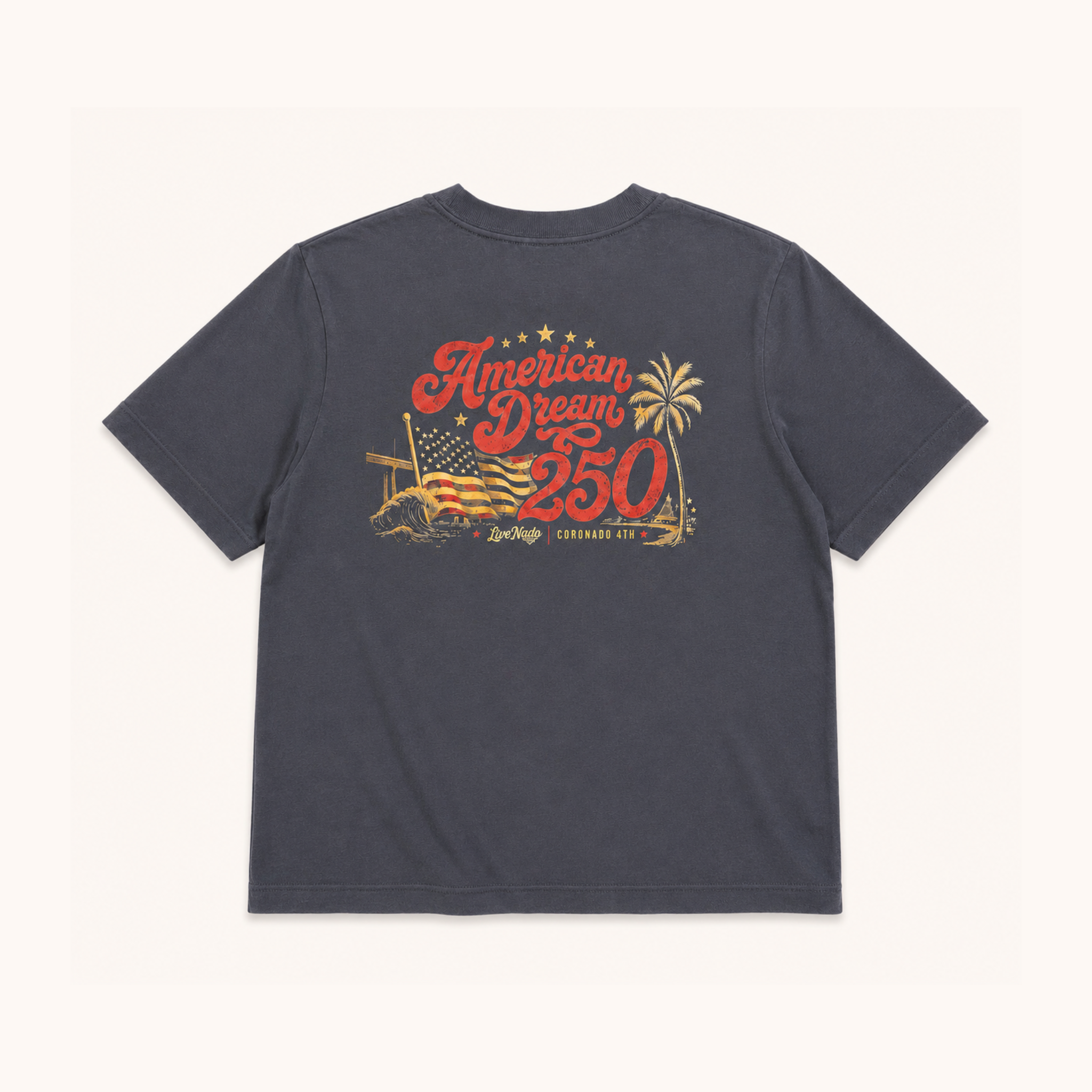 Navy blue t-shirt with 'American Dream 250' graphic on a white background