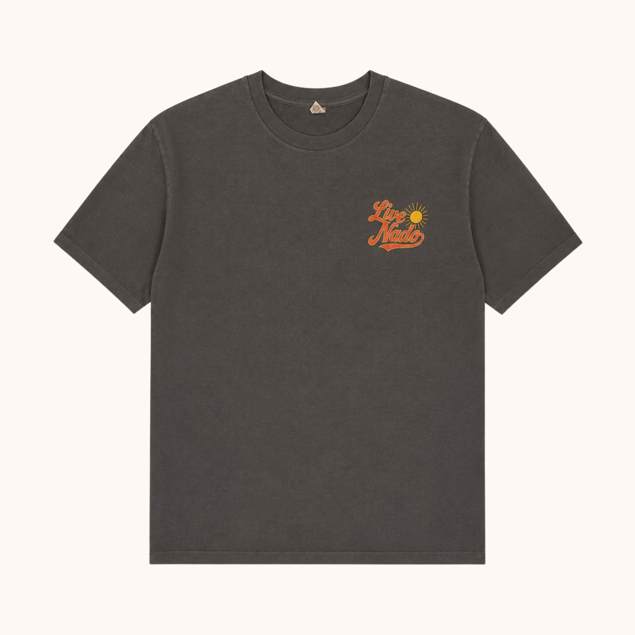 Dark gray t-shirt with a small logo on the chest against a white background