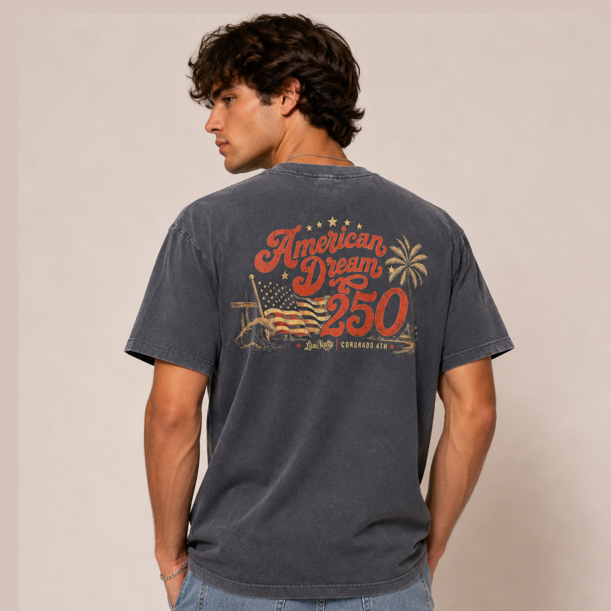 Person wearing a t-shirt with 'American Dream 250' design on a plain background