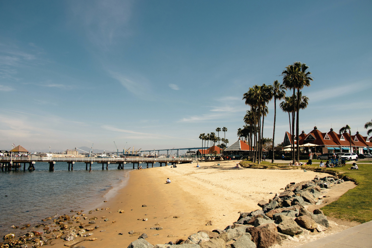 Scenic view of Coronado Ferry Landing featuring a sandy bay beach, tall palm trees, red-roofed shops, and a wooden pier stretching over calm water.
