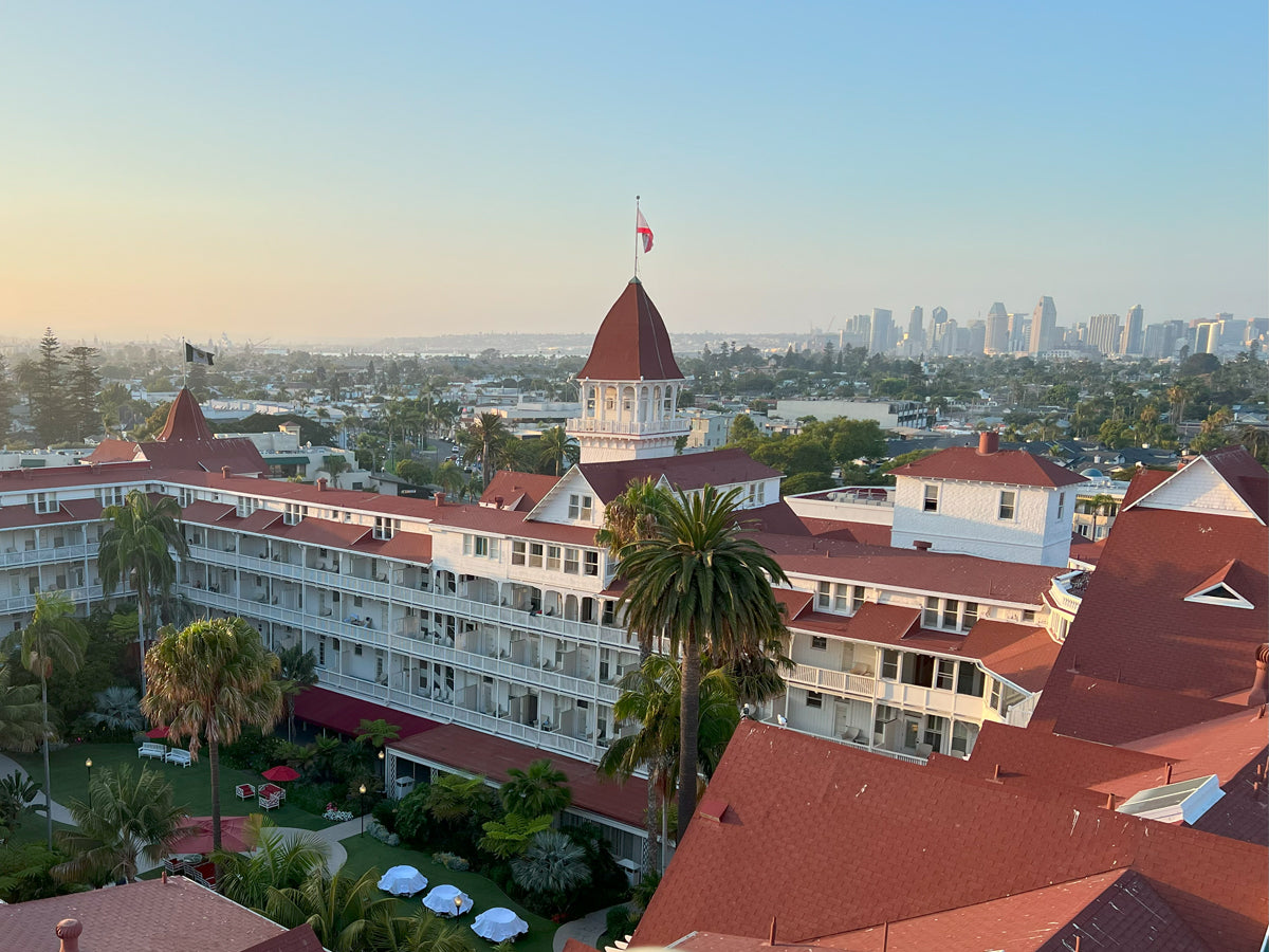 Elevated view of the Hotel del Coronado red rooftops with the San Diego city skyline in the distant background.