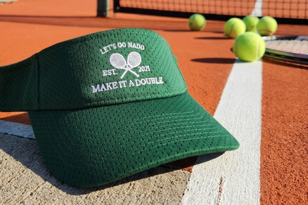 Green embroidered tennis visor resting on a clay court with tennis balls in the background.