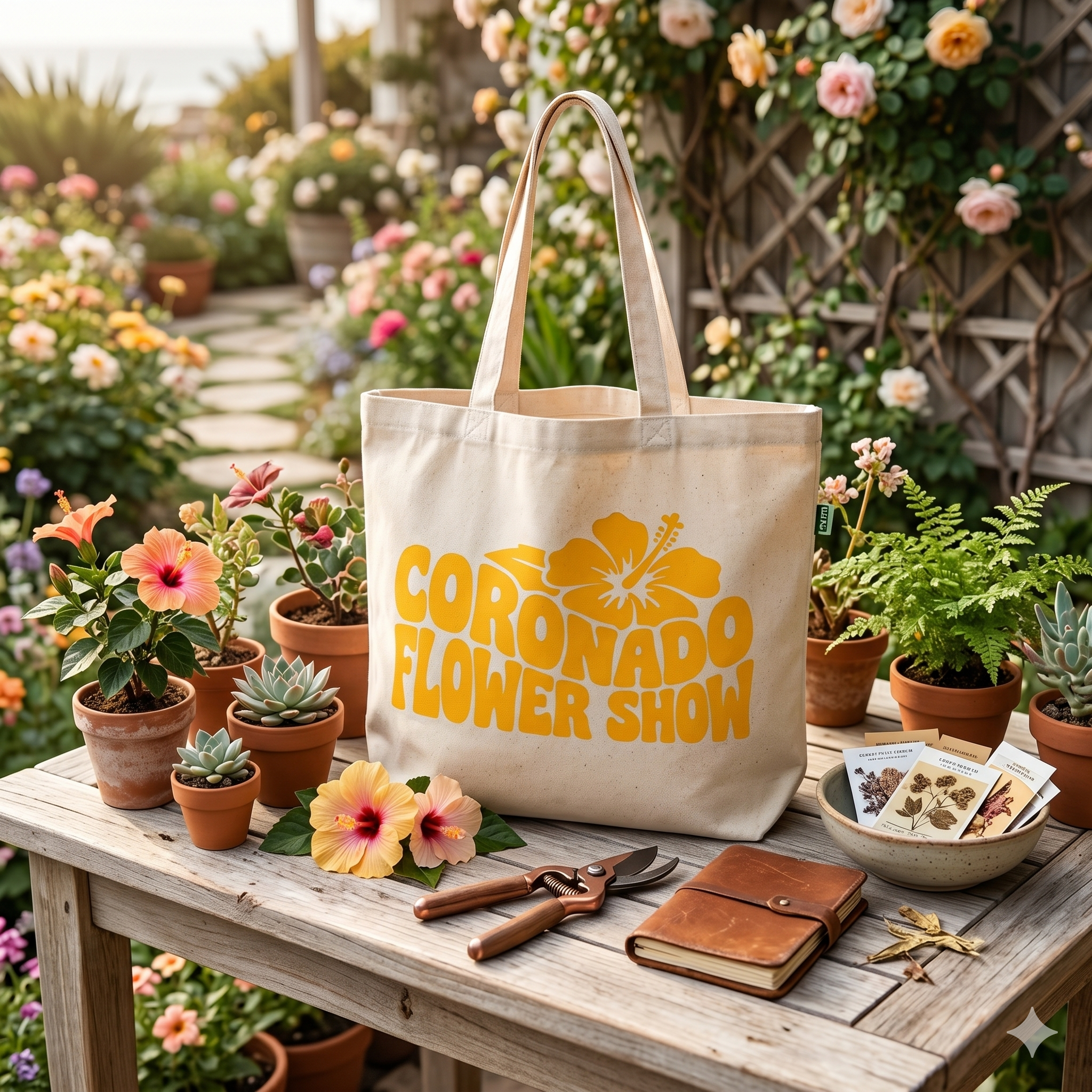 Tote bag with 'Coronado Flower Show' text on a table with gardening items and plants.