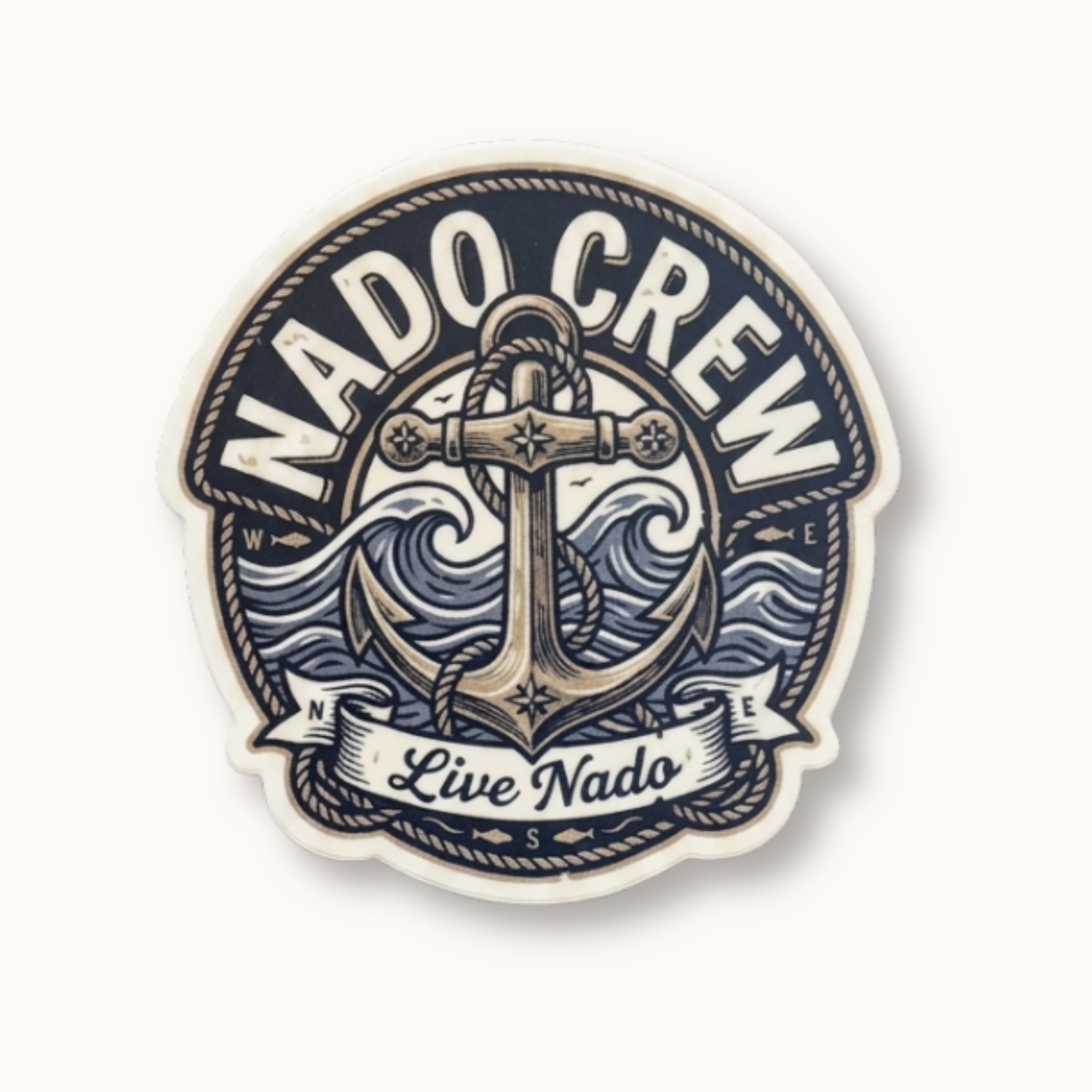 Sticker with anchor design and 'Nado Crew' text on a white background