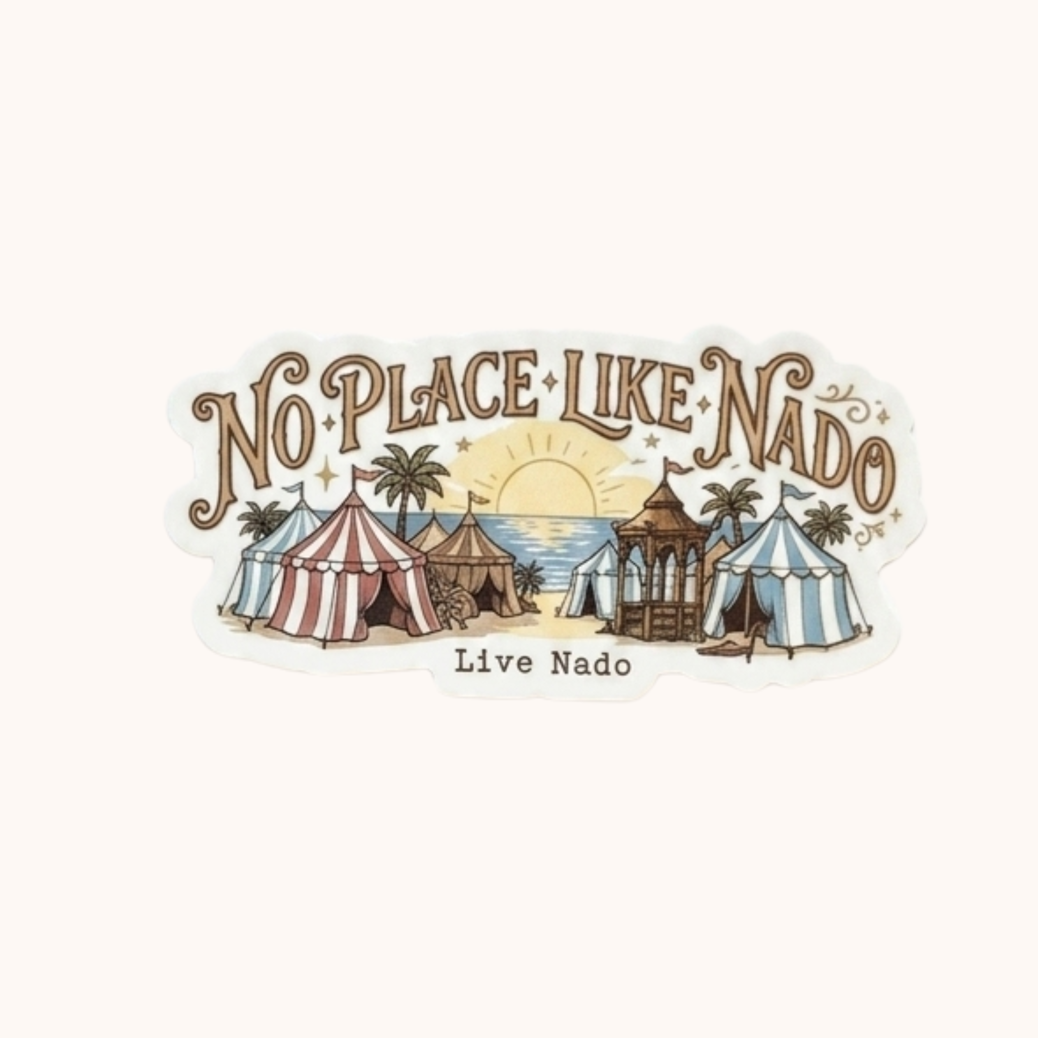 Logo with tents and palm trees and 'No Place Like Nado' text on a white background