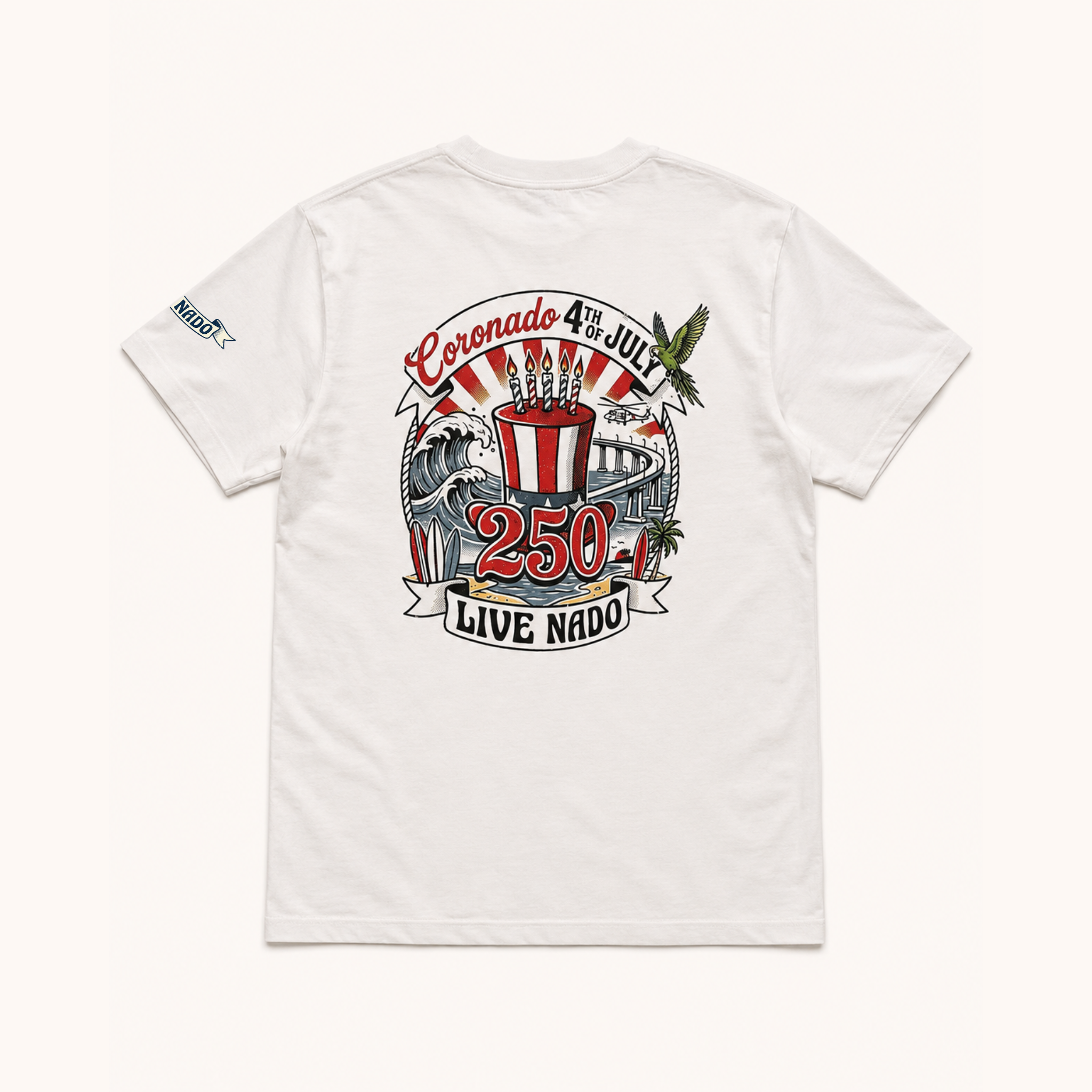 White t-shirt with a colorful graphic design on a white background