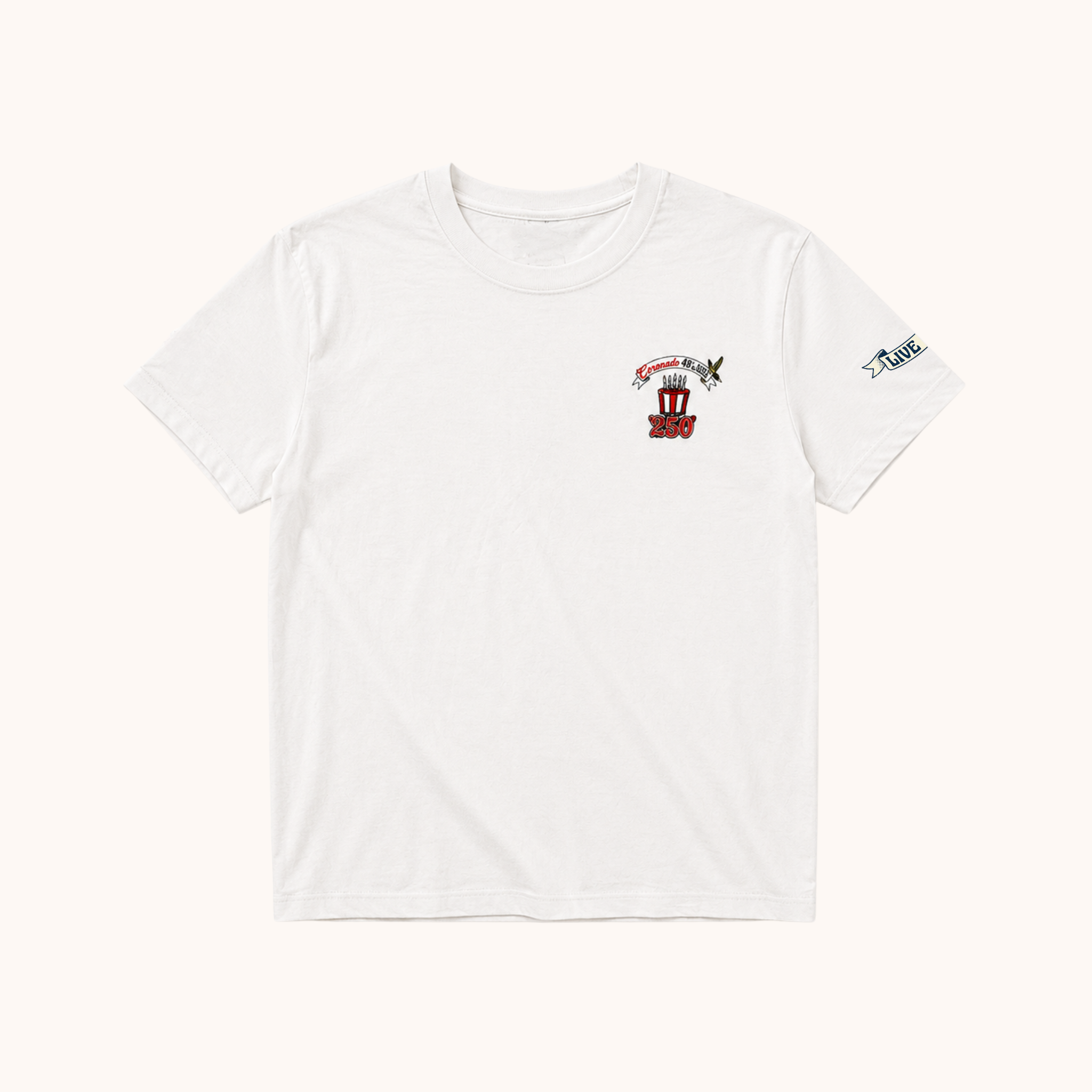 White t-shirt with small graphic design on a white background