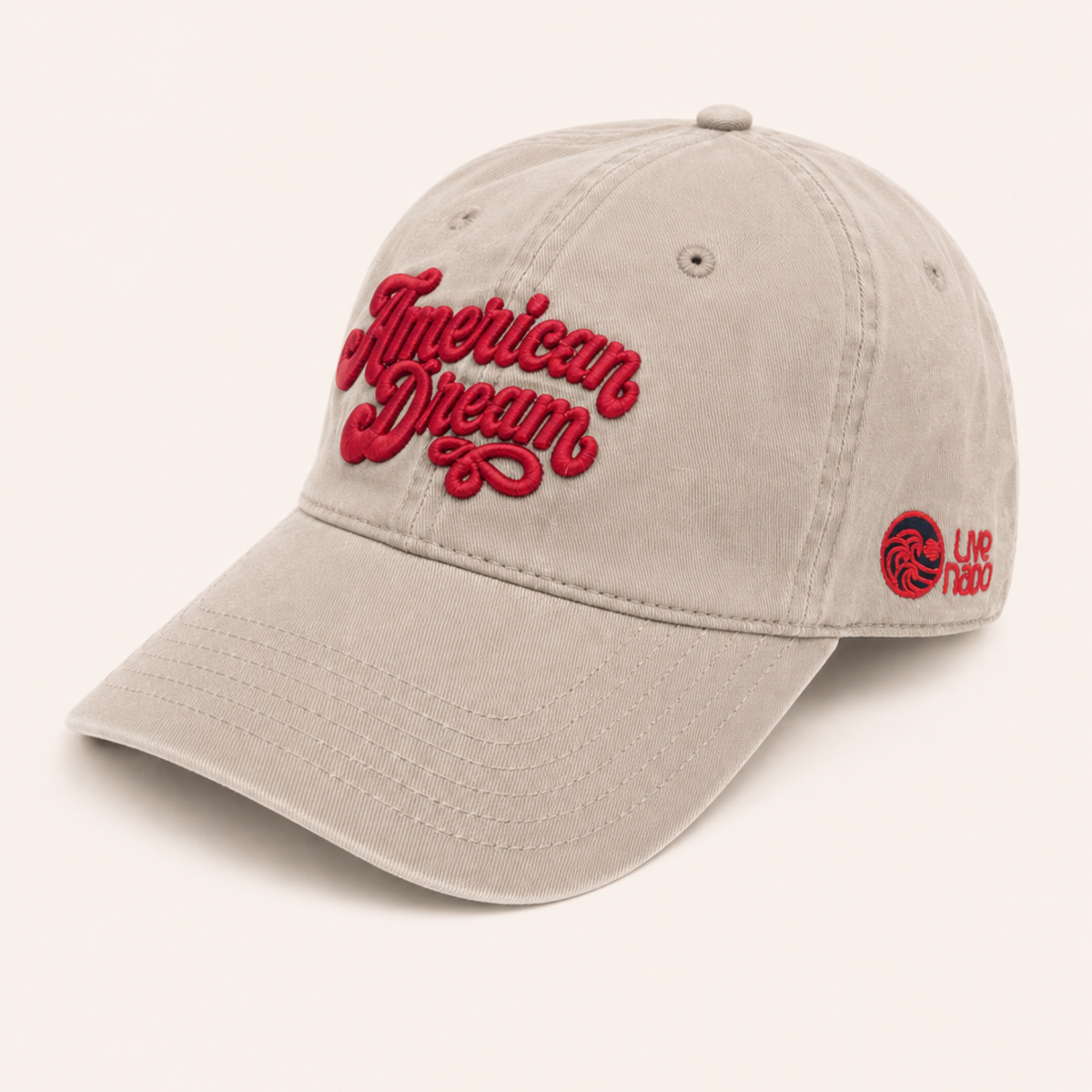 Tan baseball cap with 3D red embroidered "American Dream" text on the front and a small logo on the side.