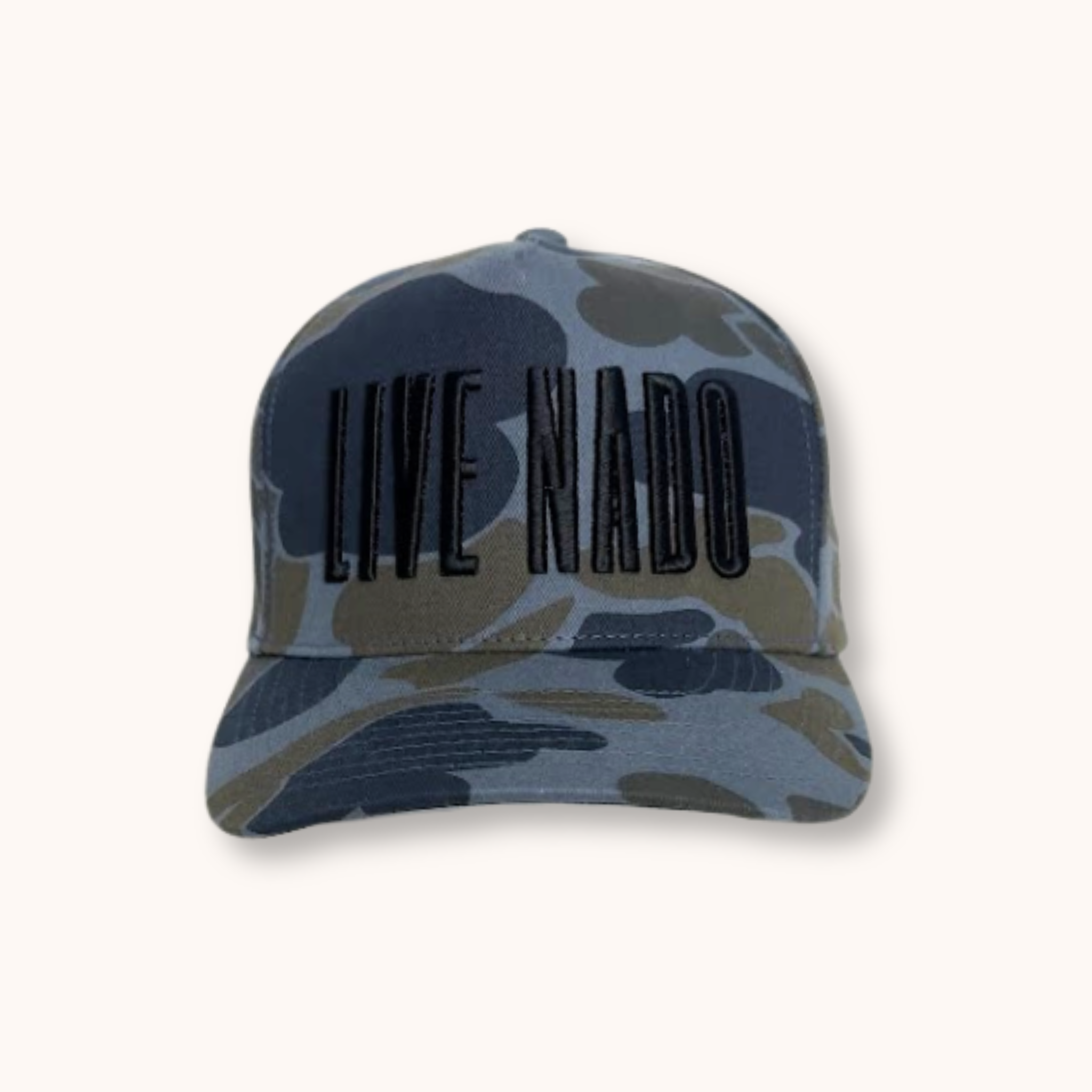 Camouflage-patterned cap with 'LIVE NADO' text on a white background