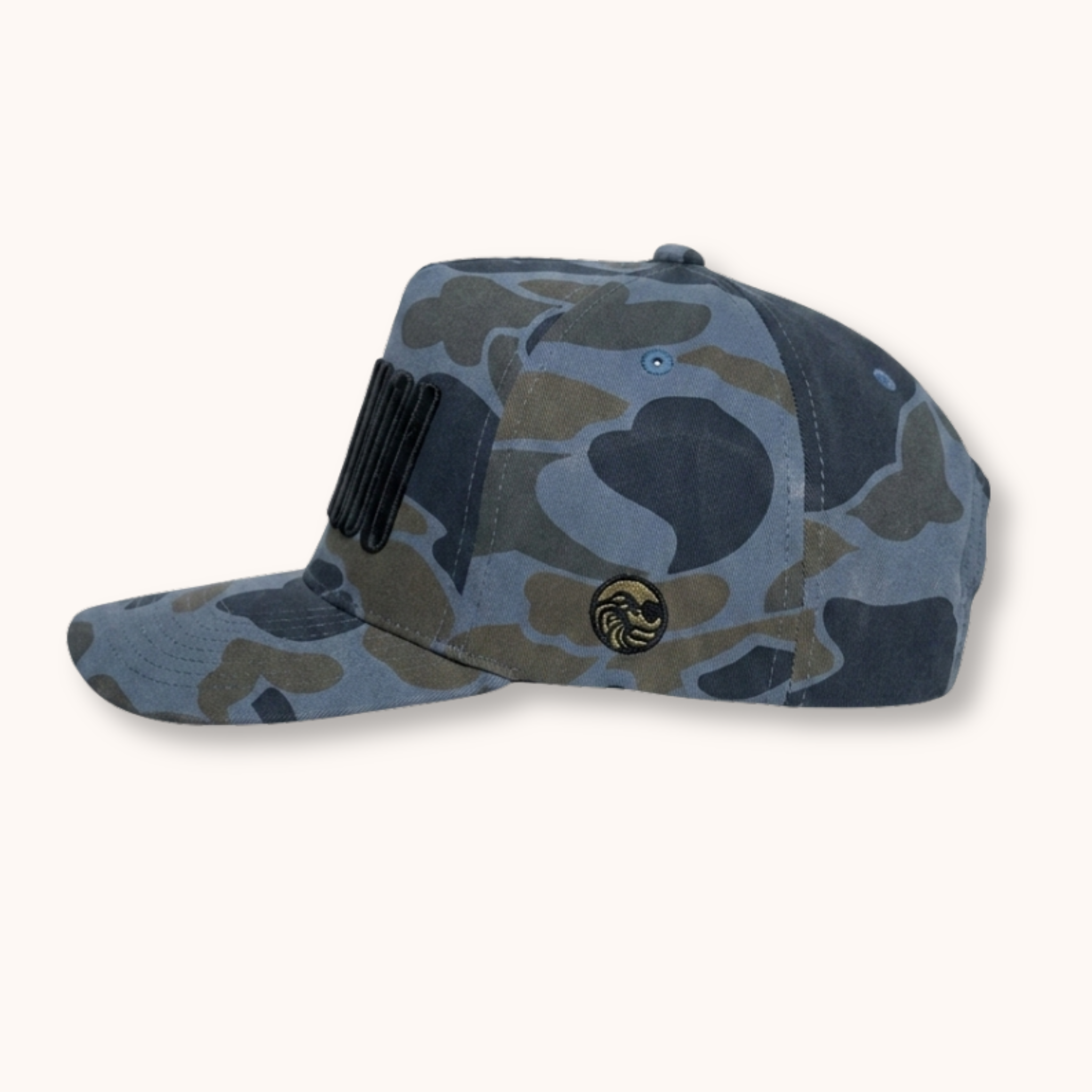 Camouflage-patterned cap with a logo on a white background