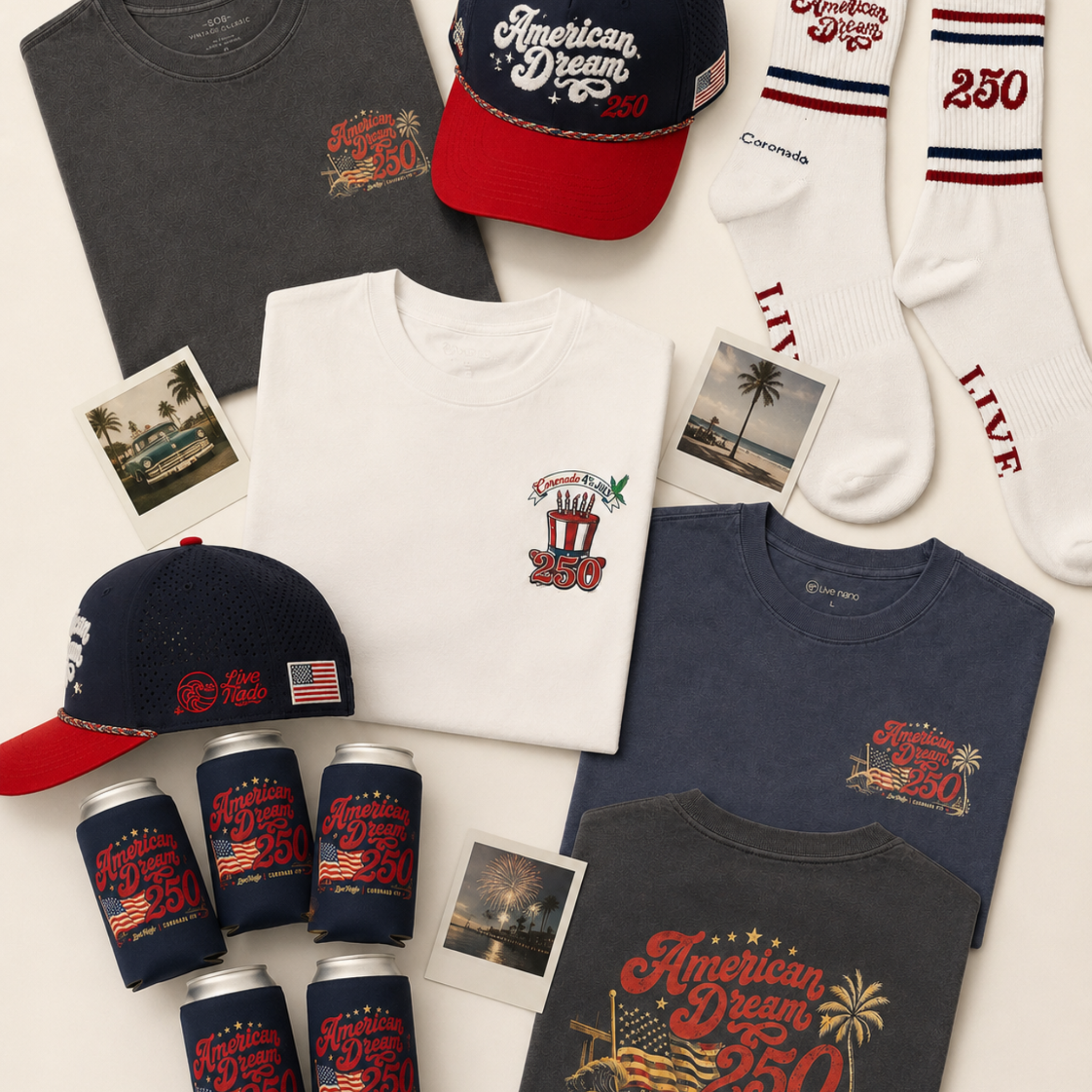 Collection of 'American Dream 250' themed clothing and accessories on a white background.