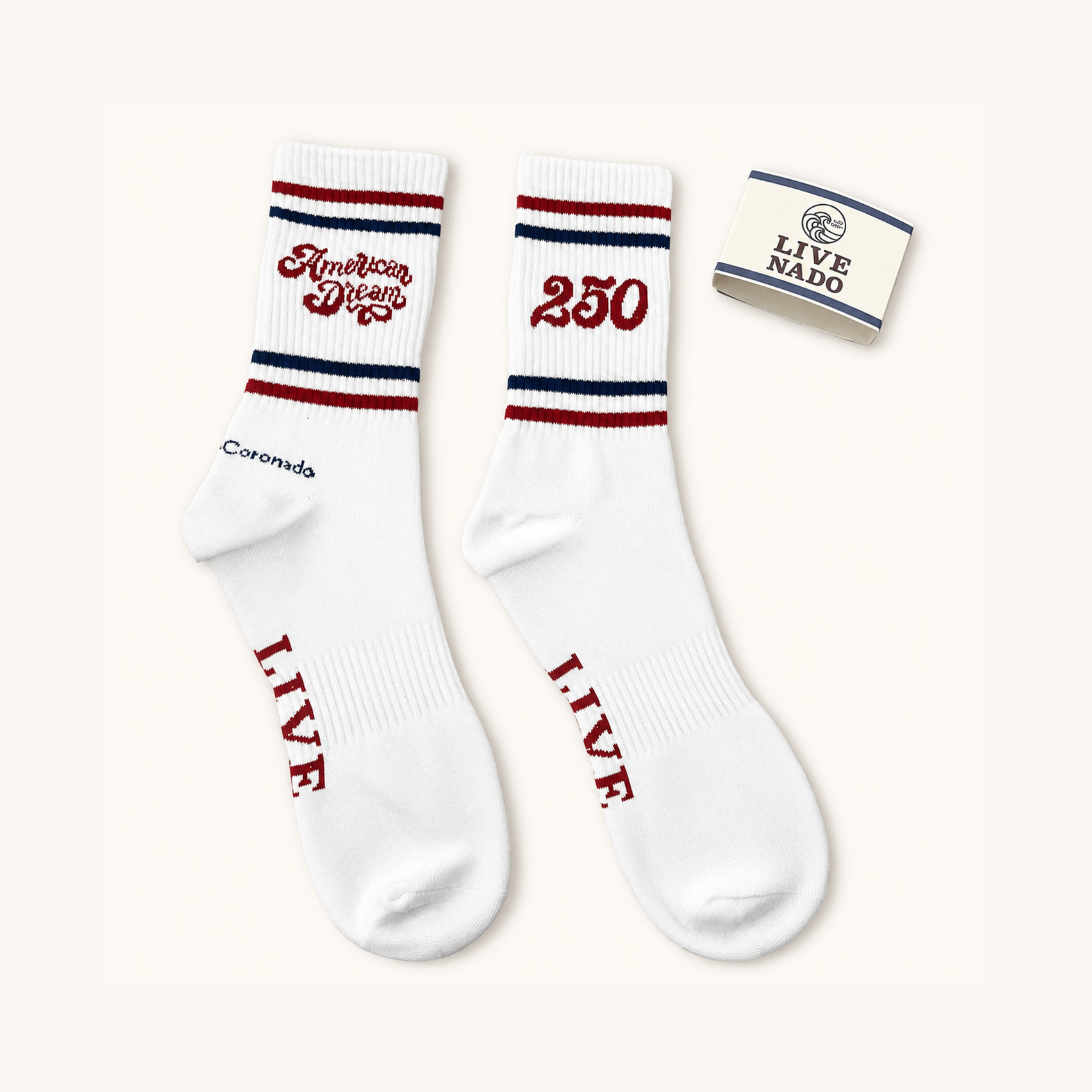 White socks with red and blue accents and text on a white background