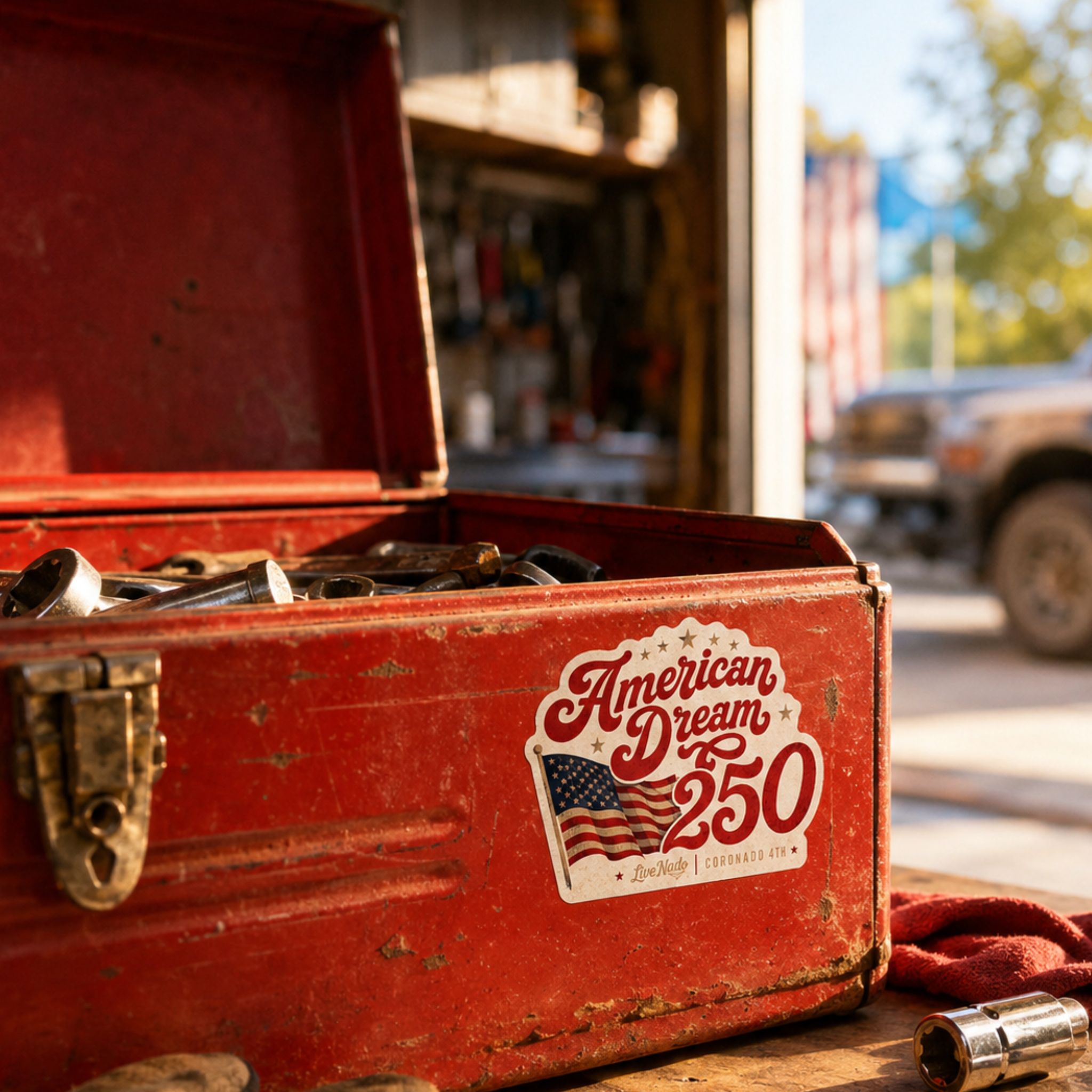 Red toolbox with 'American Dream 250' label in a workshop setting