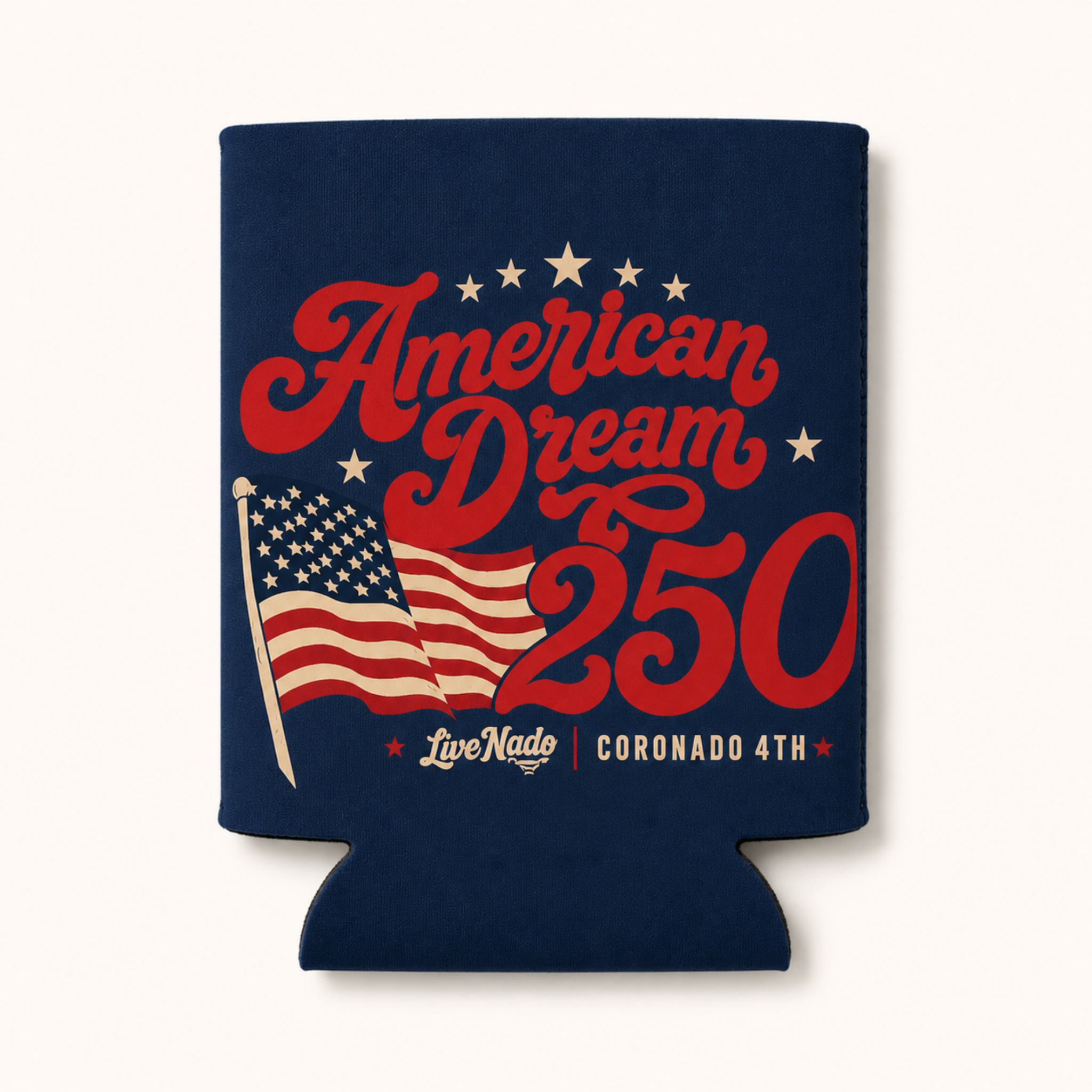 Navy blue can cooler with 'American Dream 250' text and American flag design on a white background