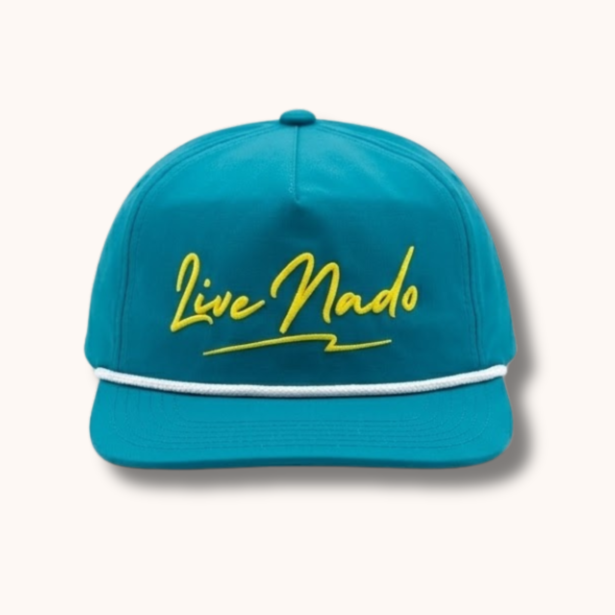 Blue cap with yellow 'Live Mado' text on a white background