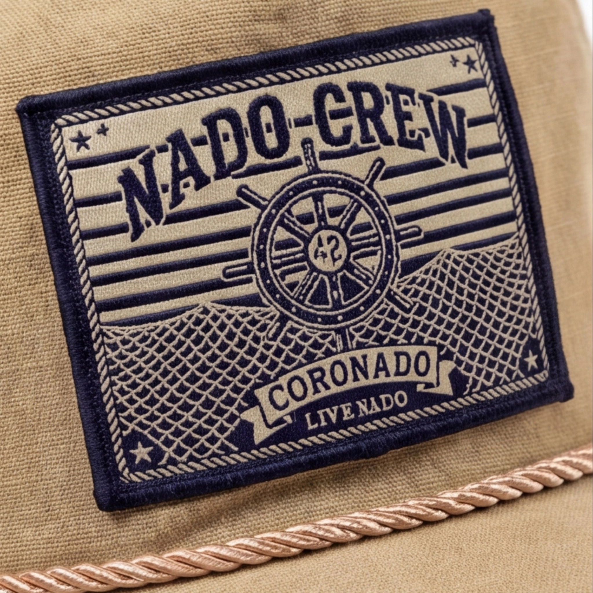 Patch with 'Nado Crew Coronado Live Radio' design on a beige background