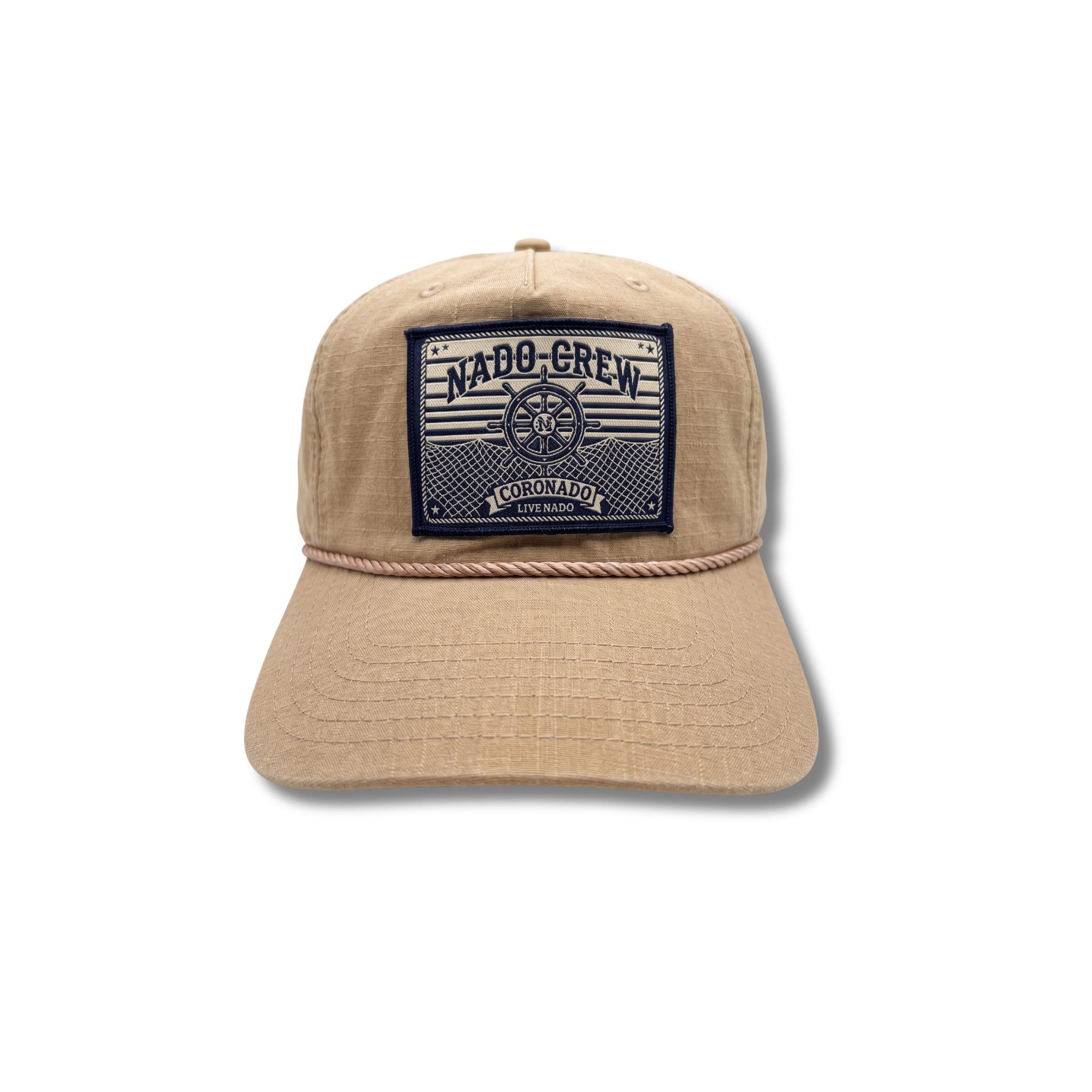 Beige cap with a logo patch on a white background