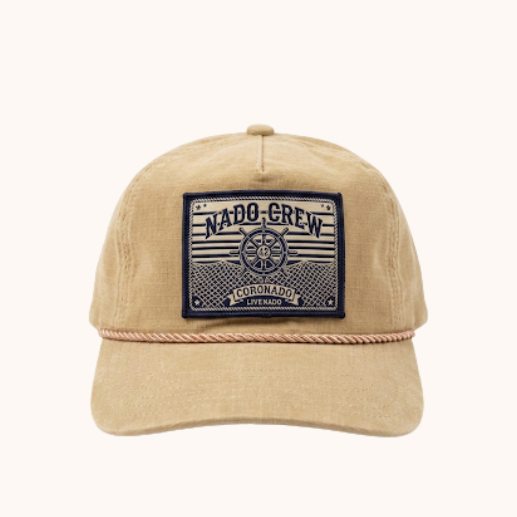 Beige cap with a blue patch featuring text and graphics on a white background