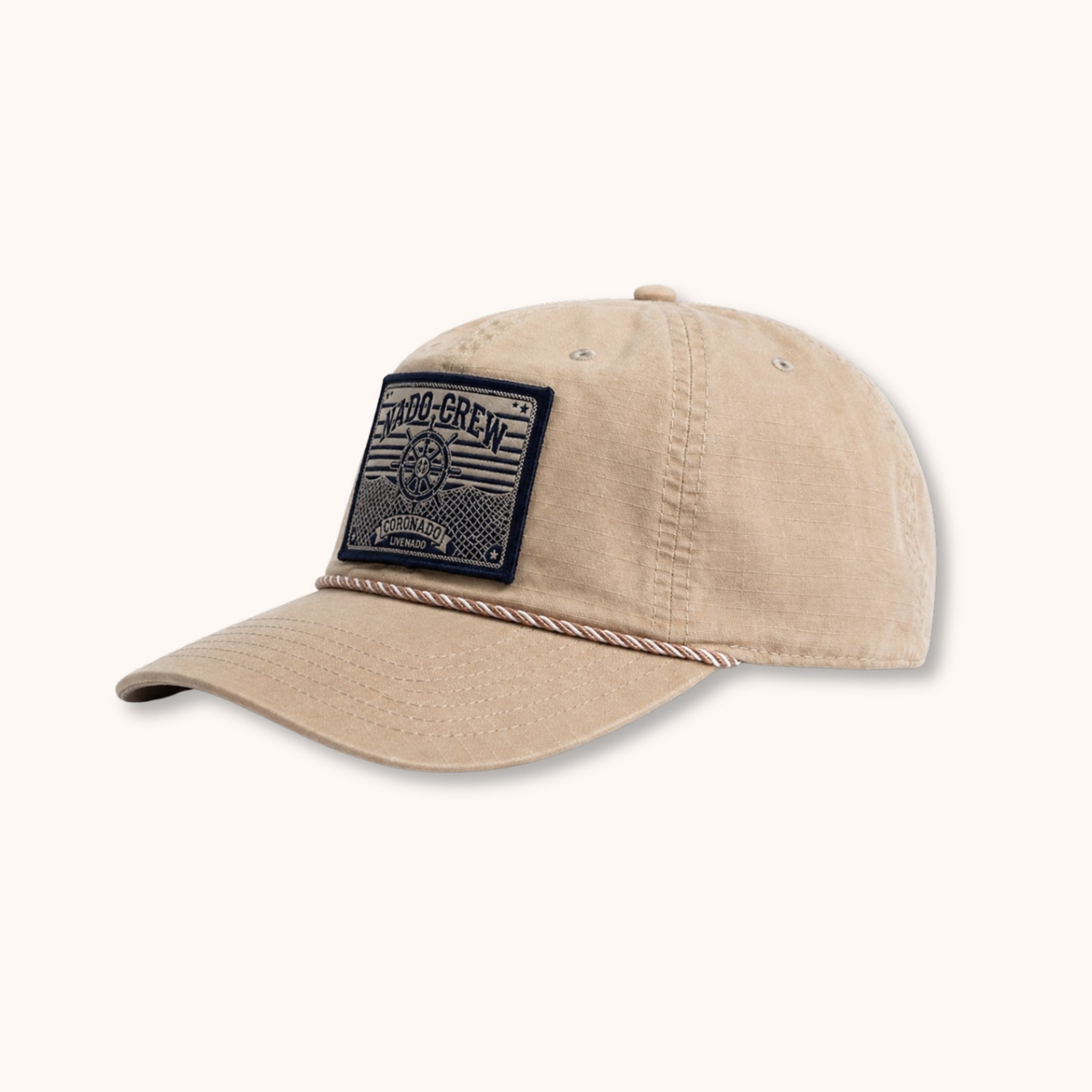 Beige cap with a black patch on a white background