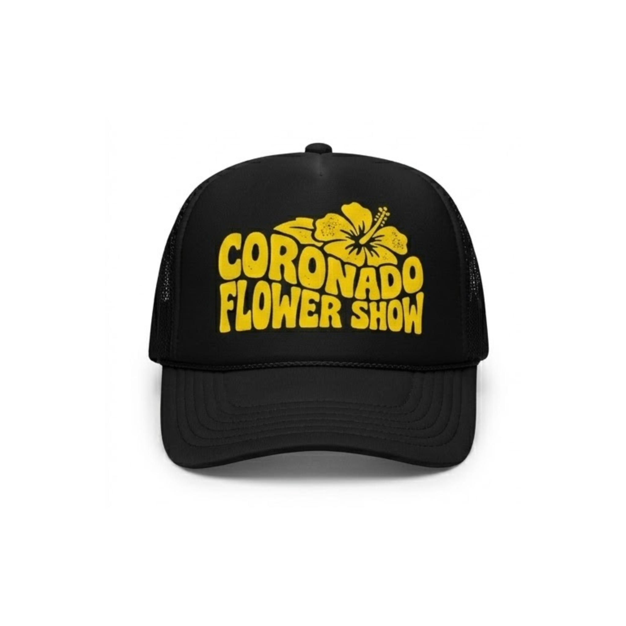Black cap with yellow 'Coronado Flower Show' text and hibiscus flower on a white background