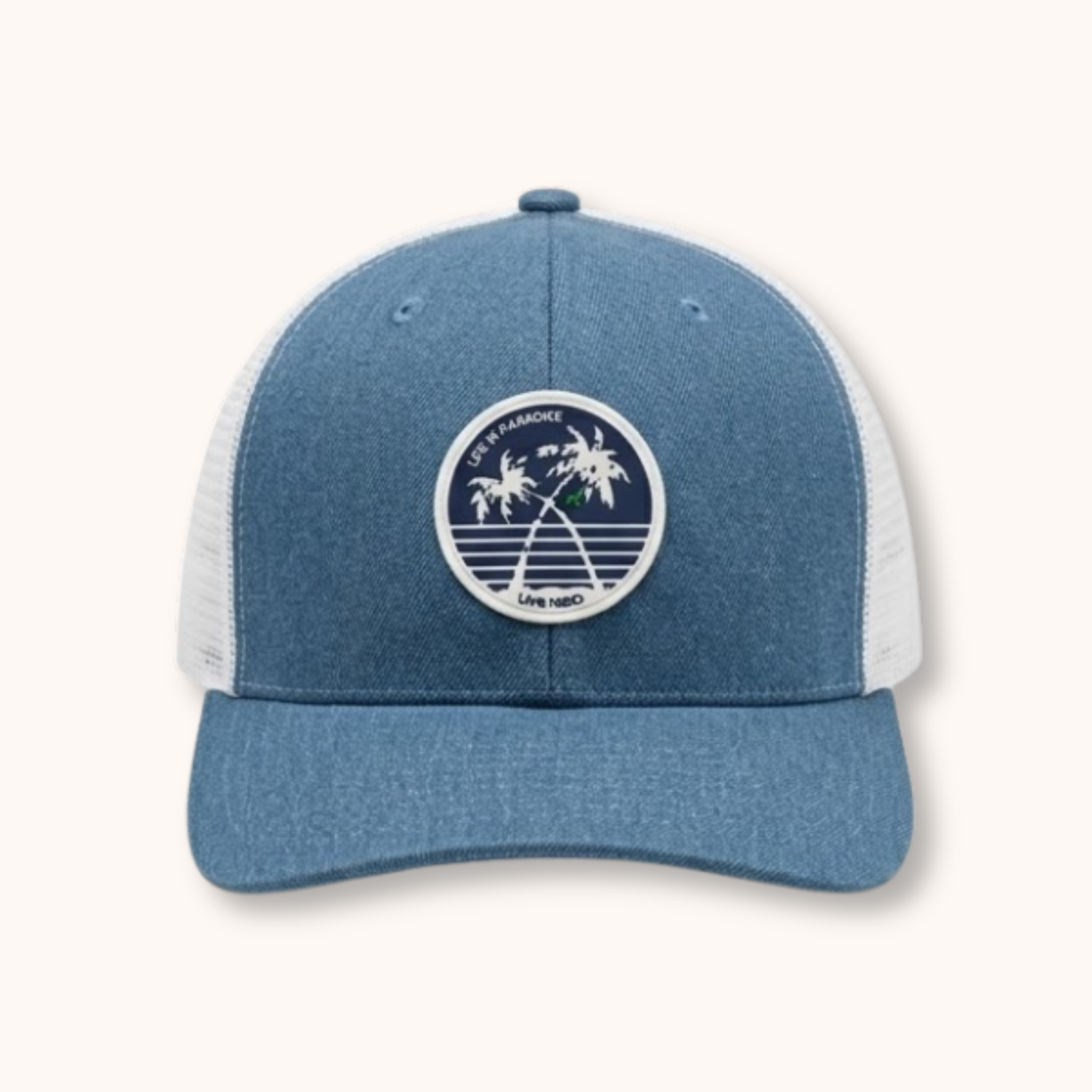 Blue and white cap with a logo on a white background