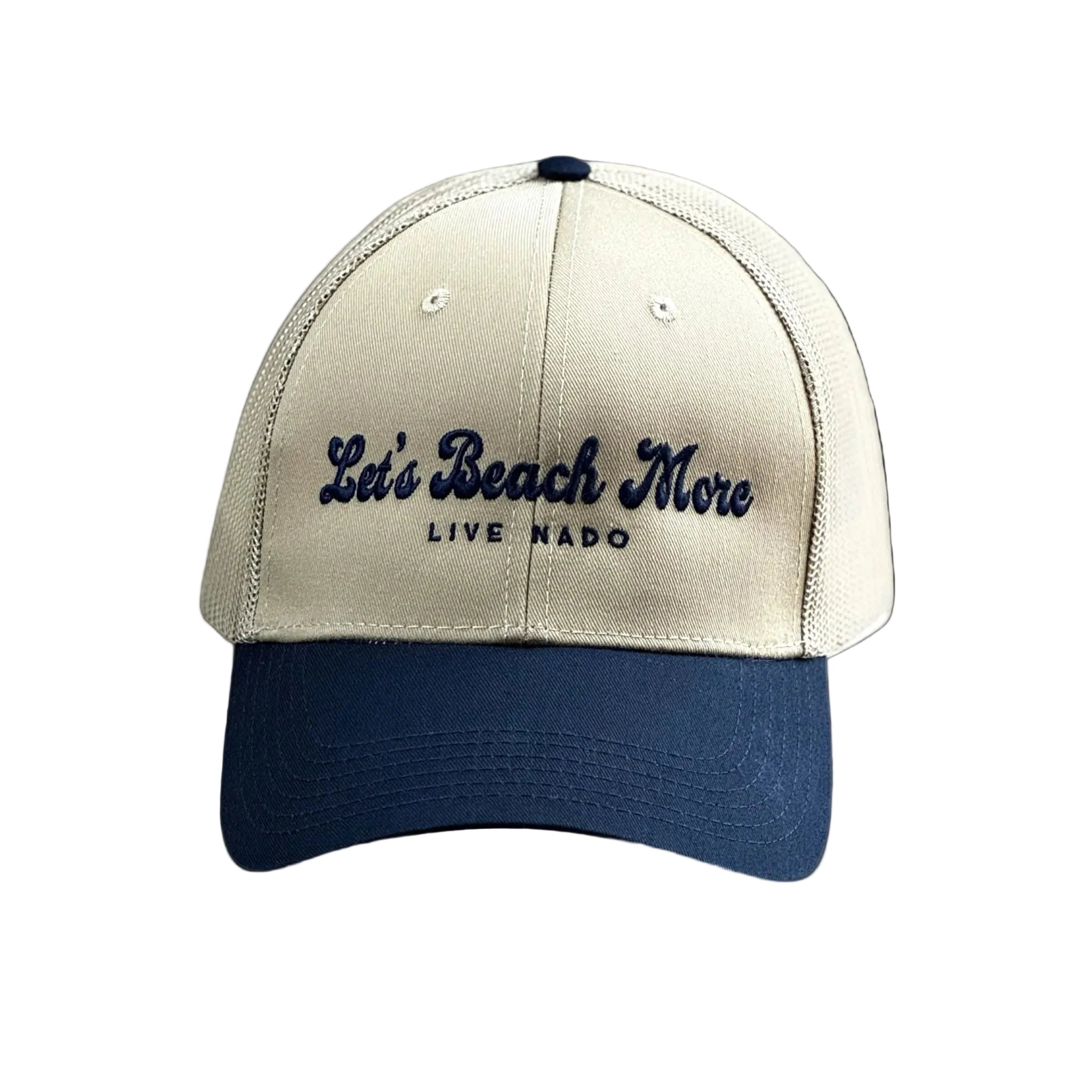 Beige and navy cap with 'Let's Beach More Live Nado' text on a white background