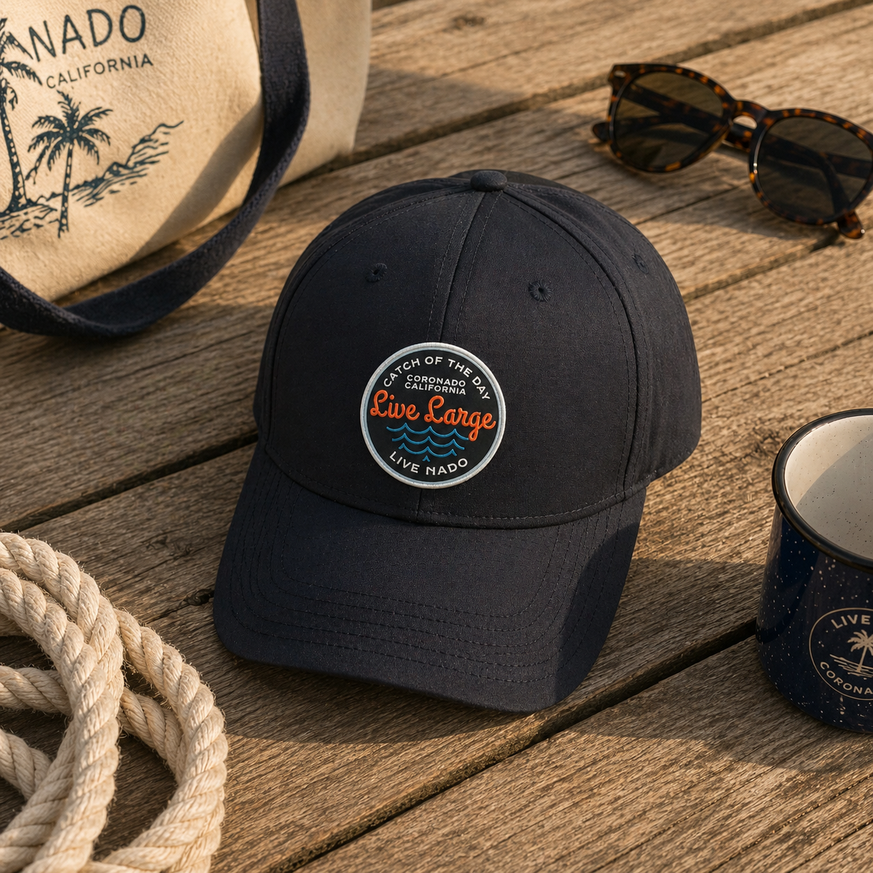 Black cap with a logo on a wooden surface with sunglasses, rope, and a mug.