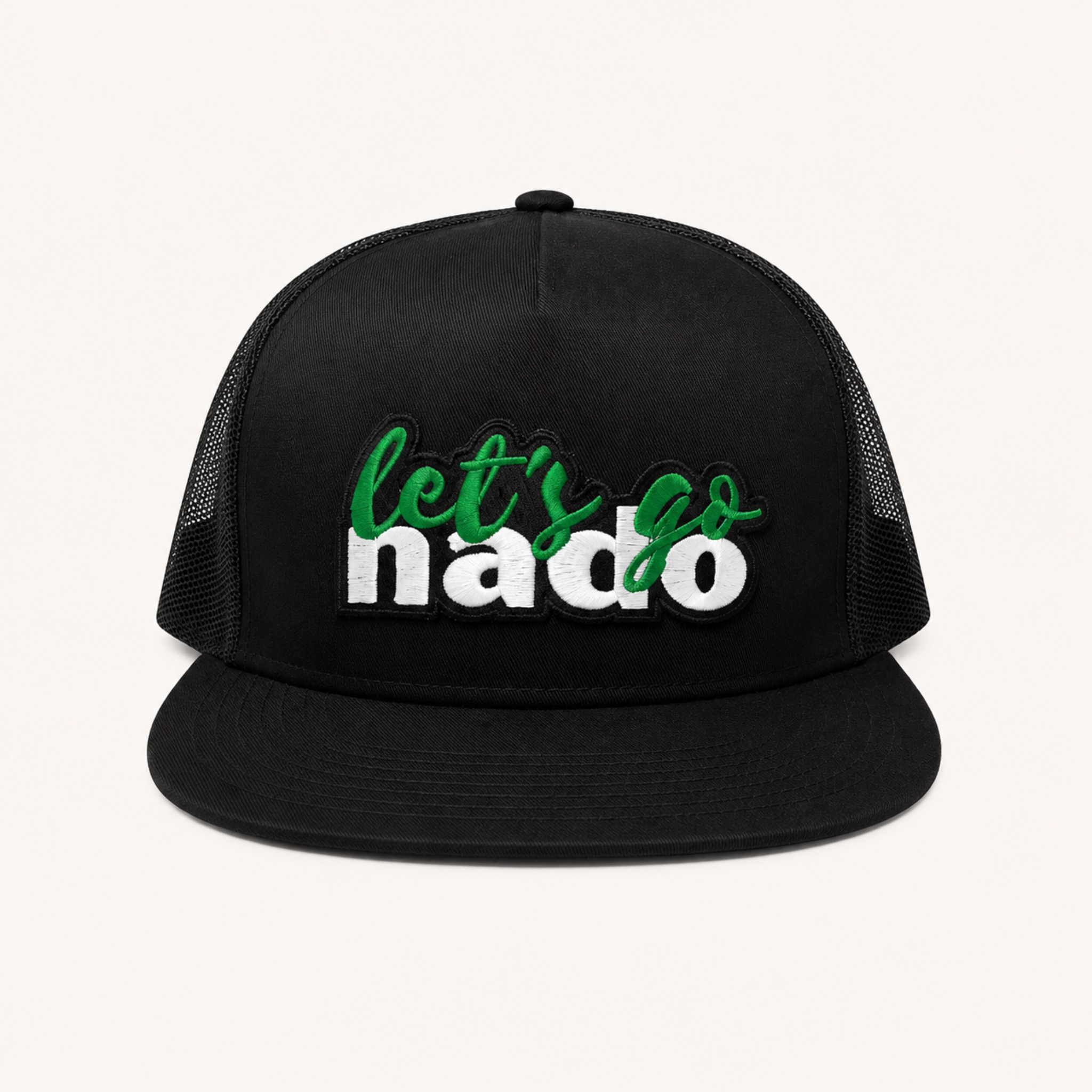 Black trucker hat with 'let's go nado' text in green and white on a white background