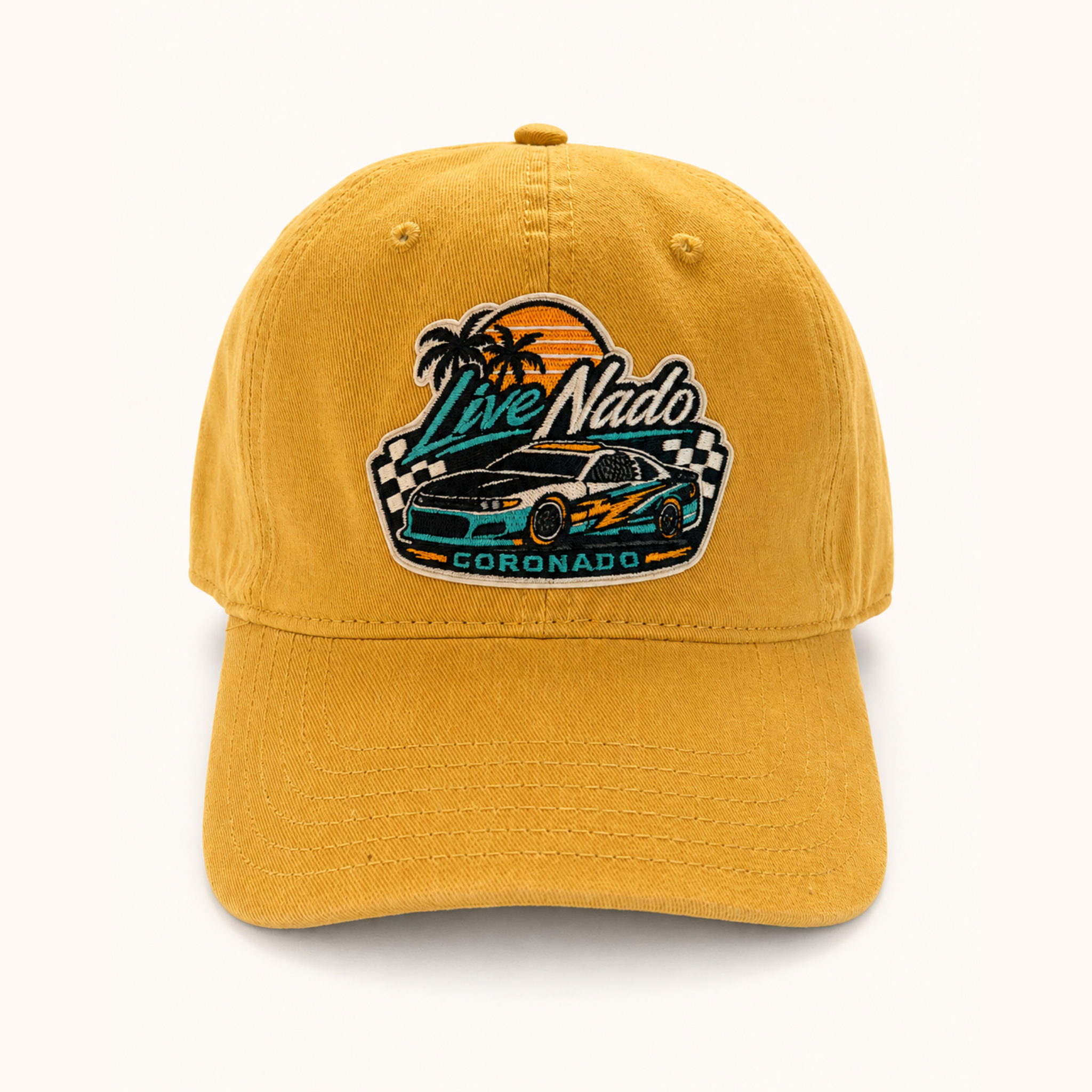 Yellow cap with a car and palm tree design on a white background