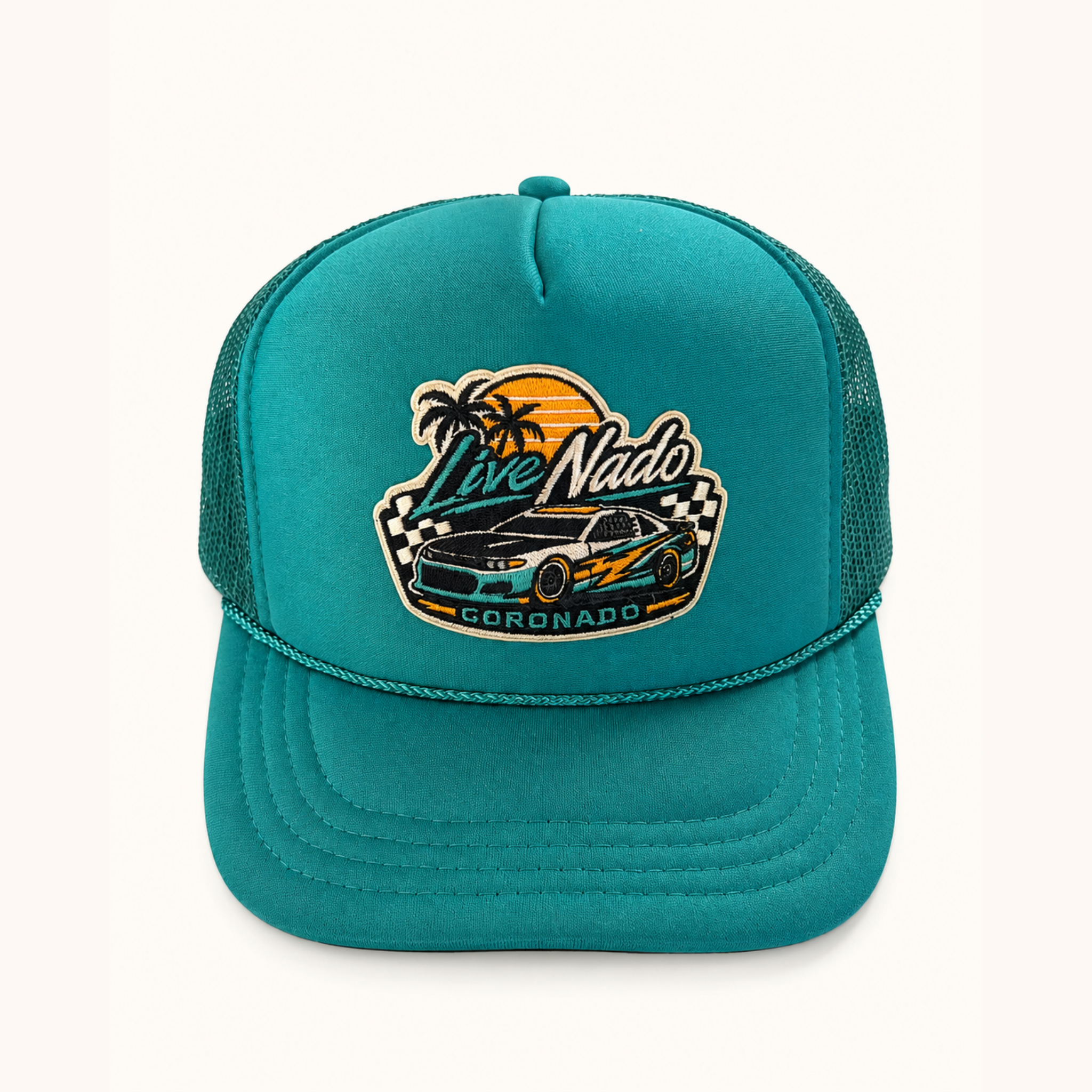 Teal trucker hat with a car and palm tree design on a white background