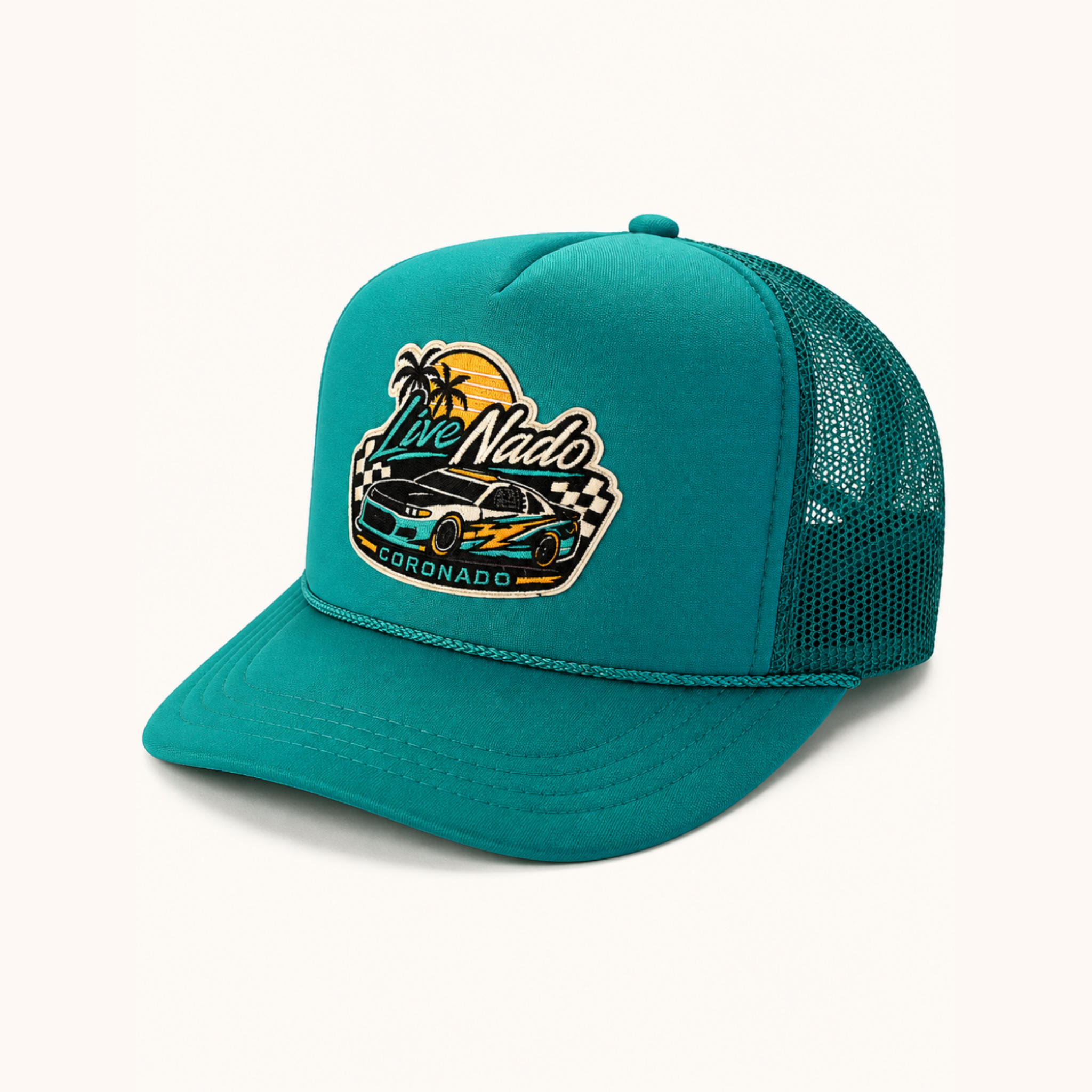 Teal trucker hat with a colorful graphic on a white background