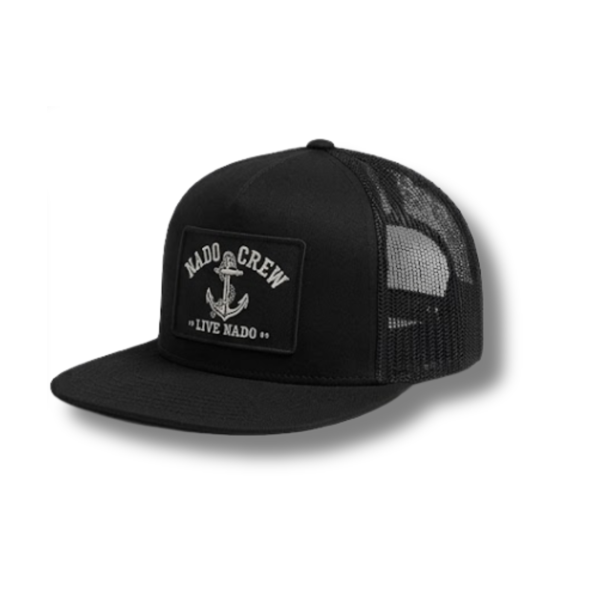 Black trucker cap with mesh back and patch on a white background