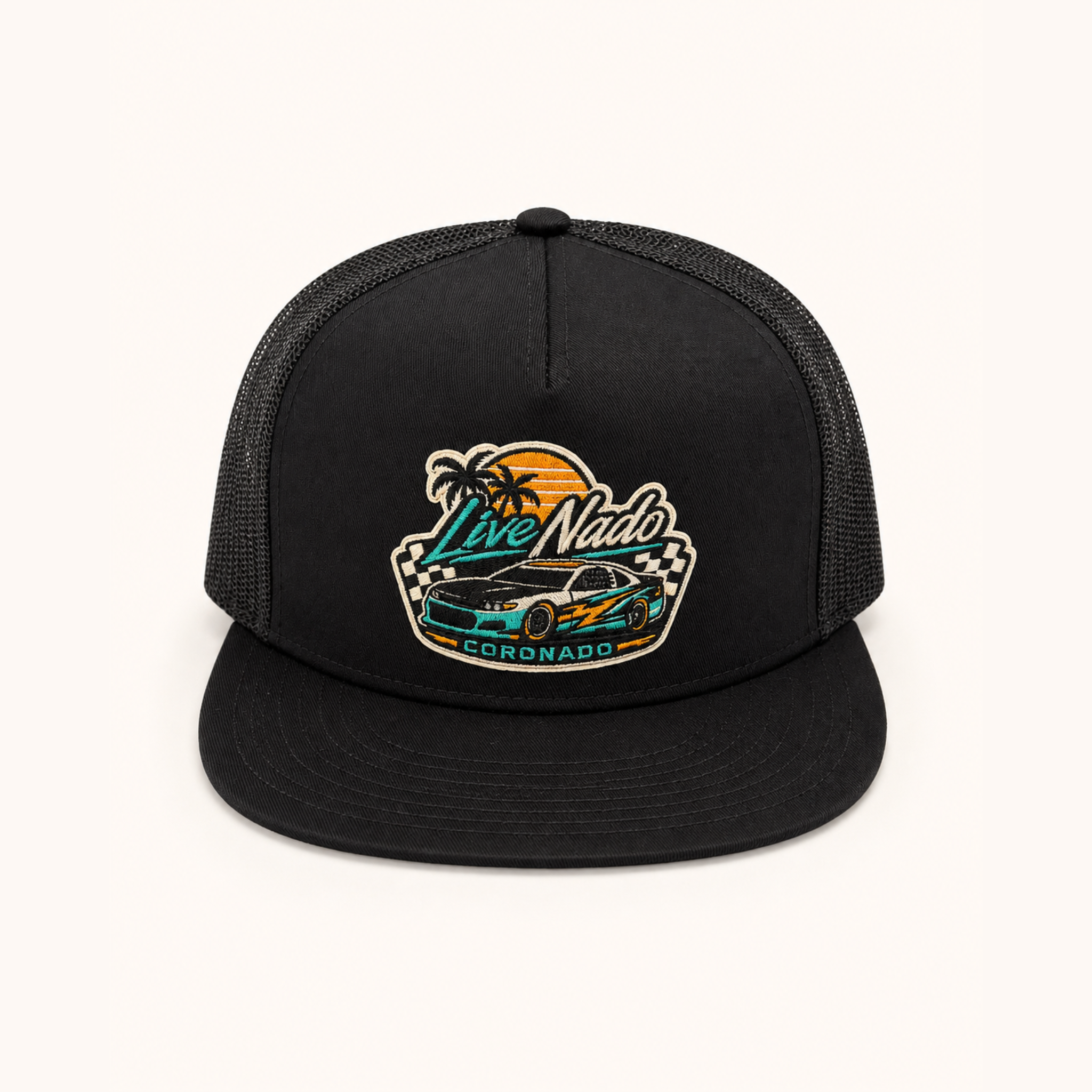 Black trucker cap with a colorful embroidered logo on a white background