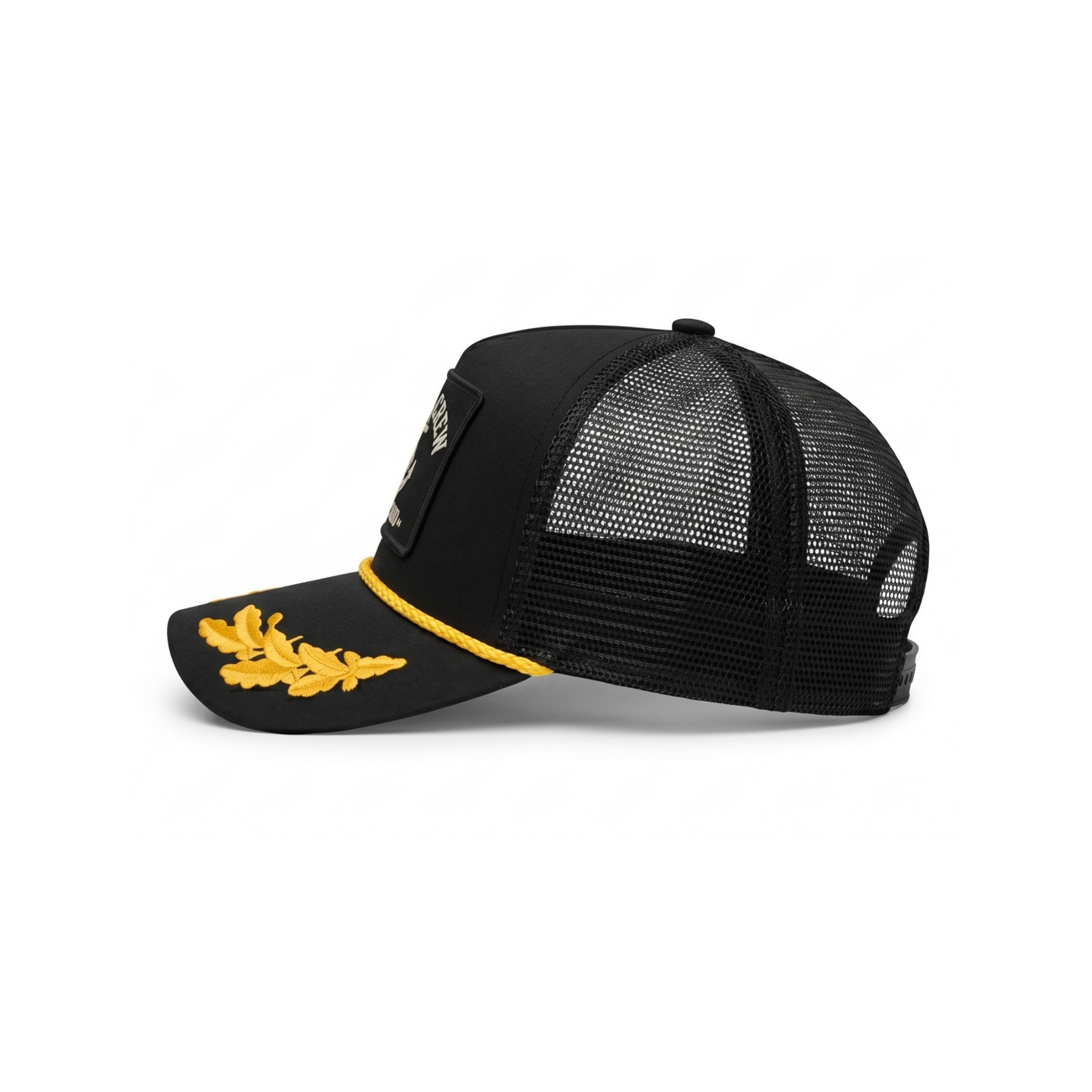 Black mesh cap with yellow accents on a white background