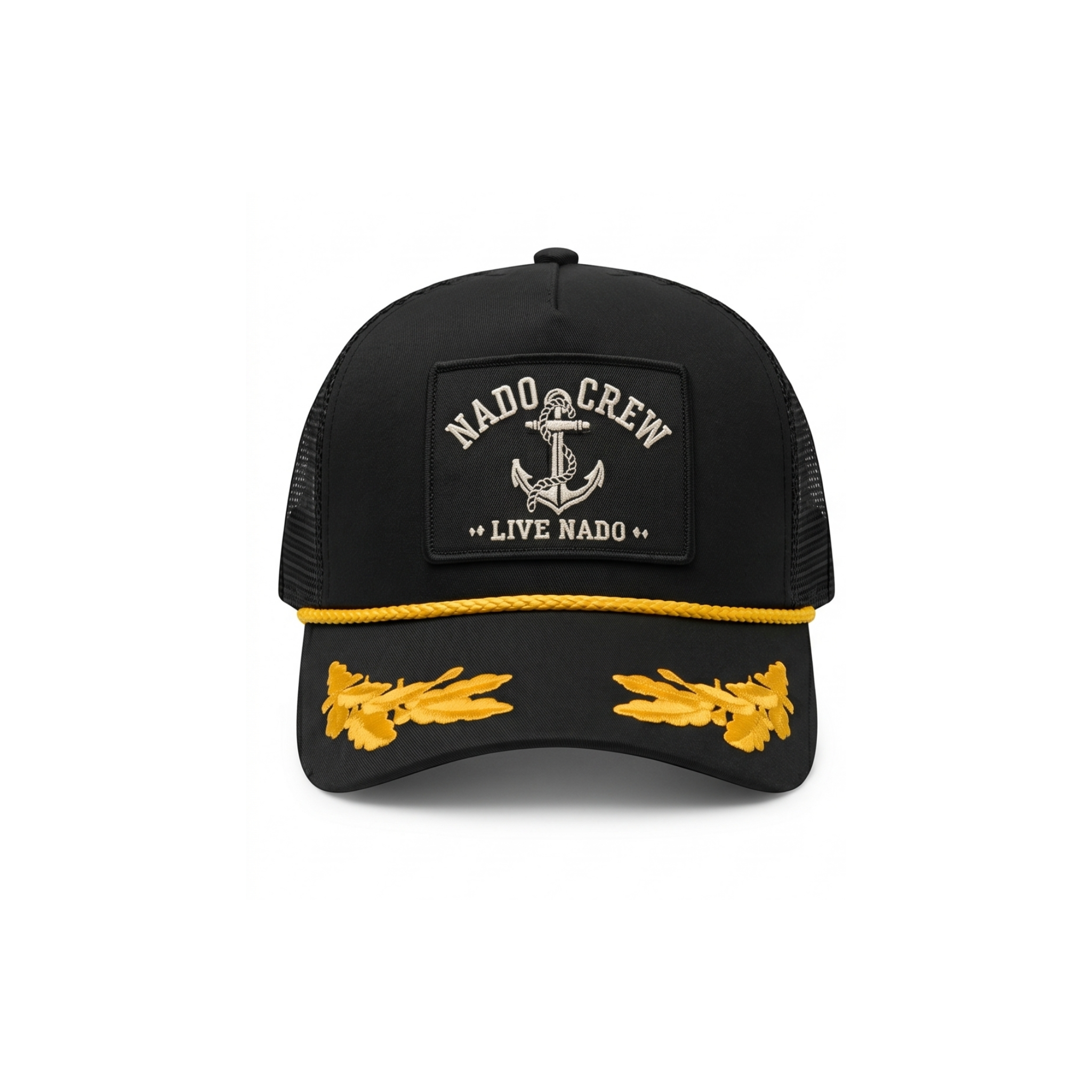 Black cap with yellow accents and 'Nado Crew' logo on a white background