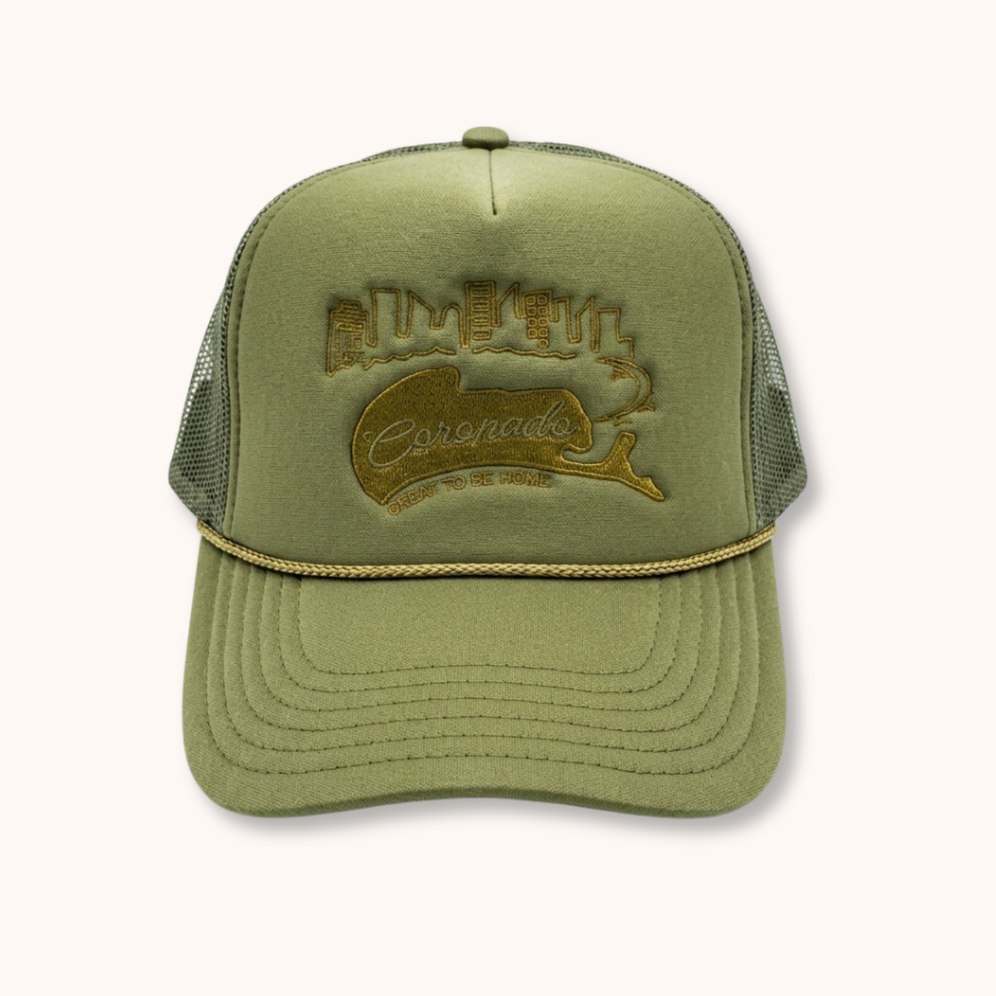 Green trucker cap with embroidered logo on a white background