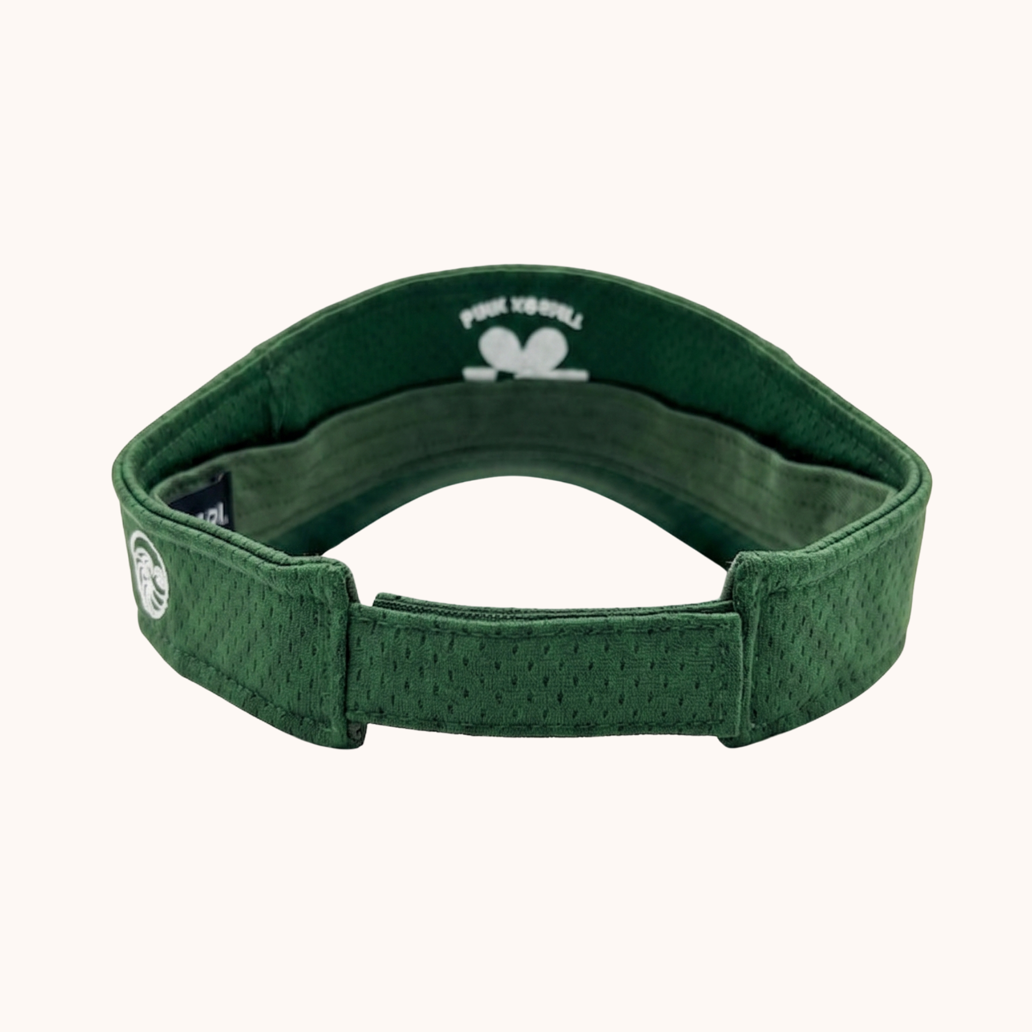 Green visor with a logo on a white background