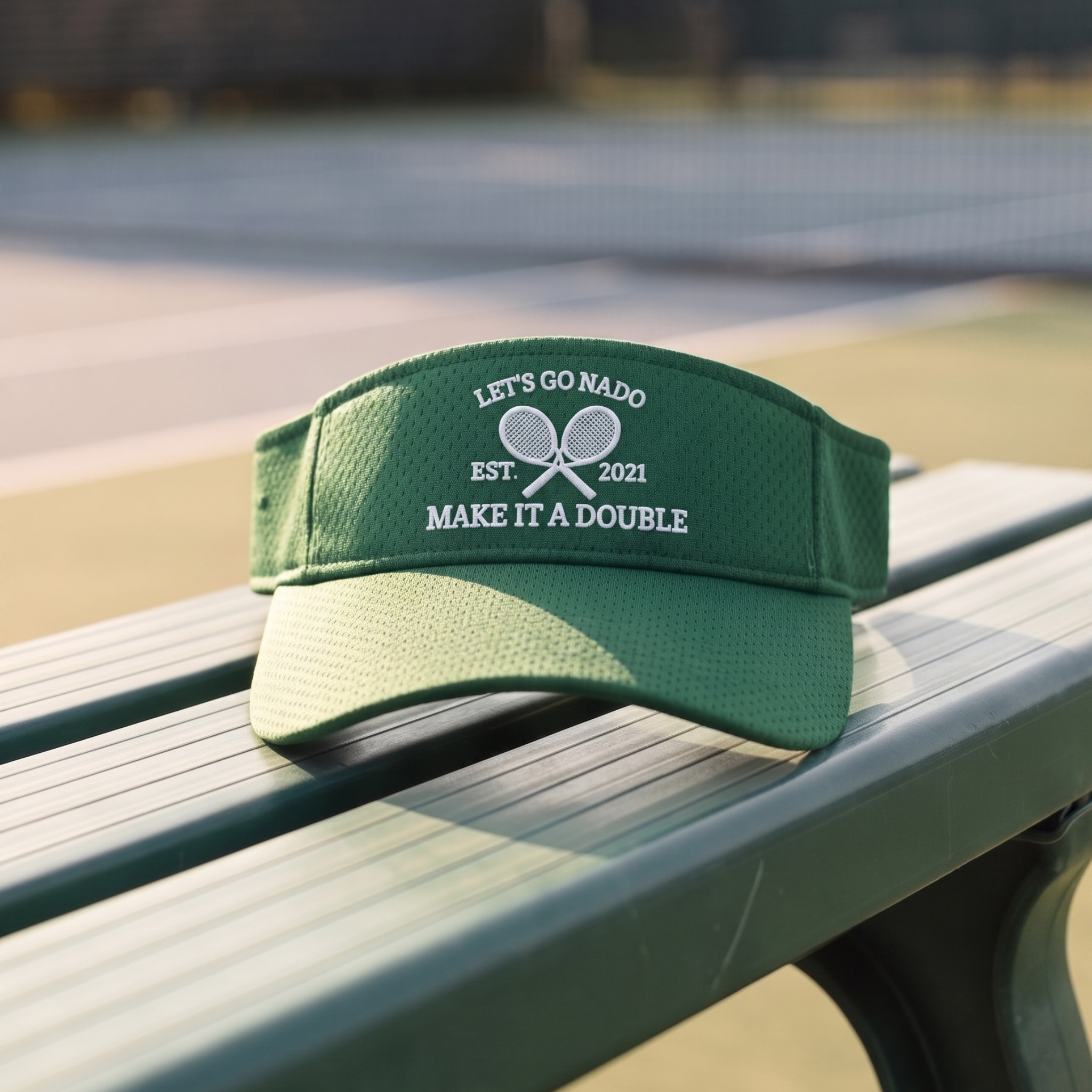 Close-up of a dark green athletic mesh visor sitting on a bench in front of a tennis court. The visor features white embroidery with two crossed tennis rackets in the center, "LET'S GO NADO" arched above, "EST. 2021" on the sides, and "MAKE IT A DOUBLE" below.