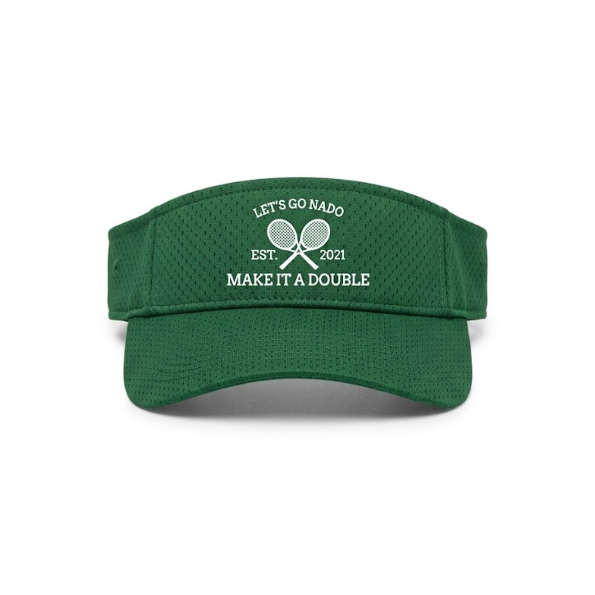 Green visor with text and tennis racket graphics on a white background