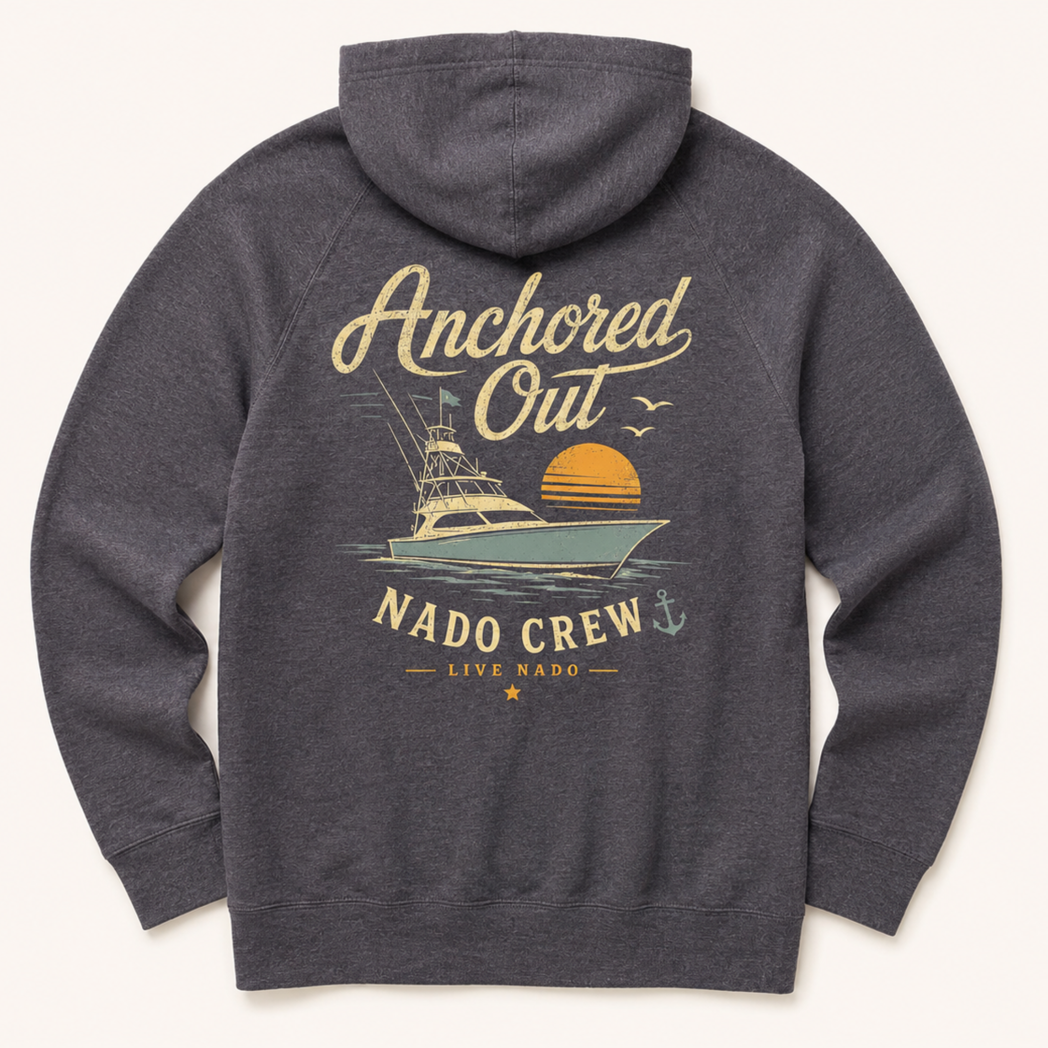 Gray hoodie with 'Anchored Out Nado Crew' design on the back against a white background