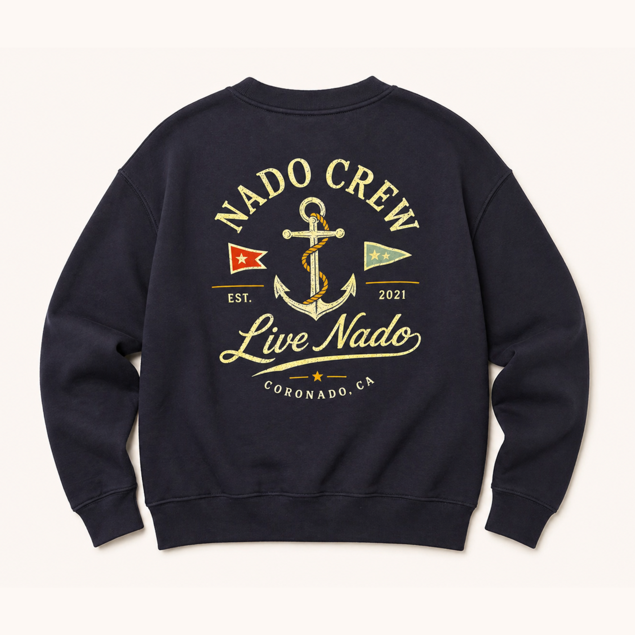 Navy blue sweatshirt with 'Nado Crew' and anchor design on a white background