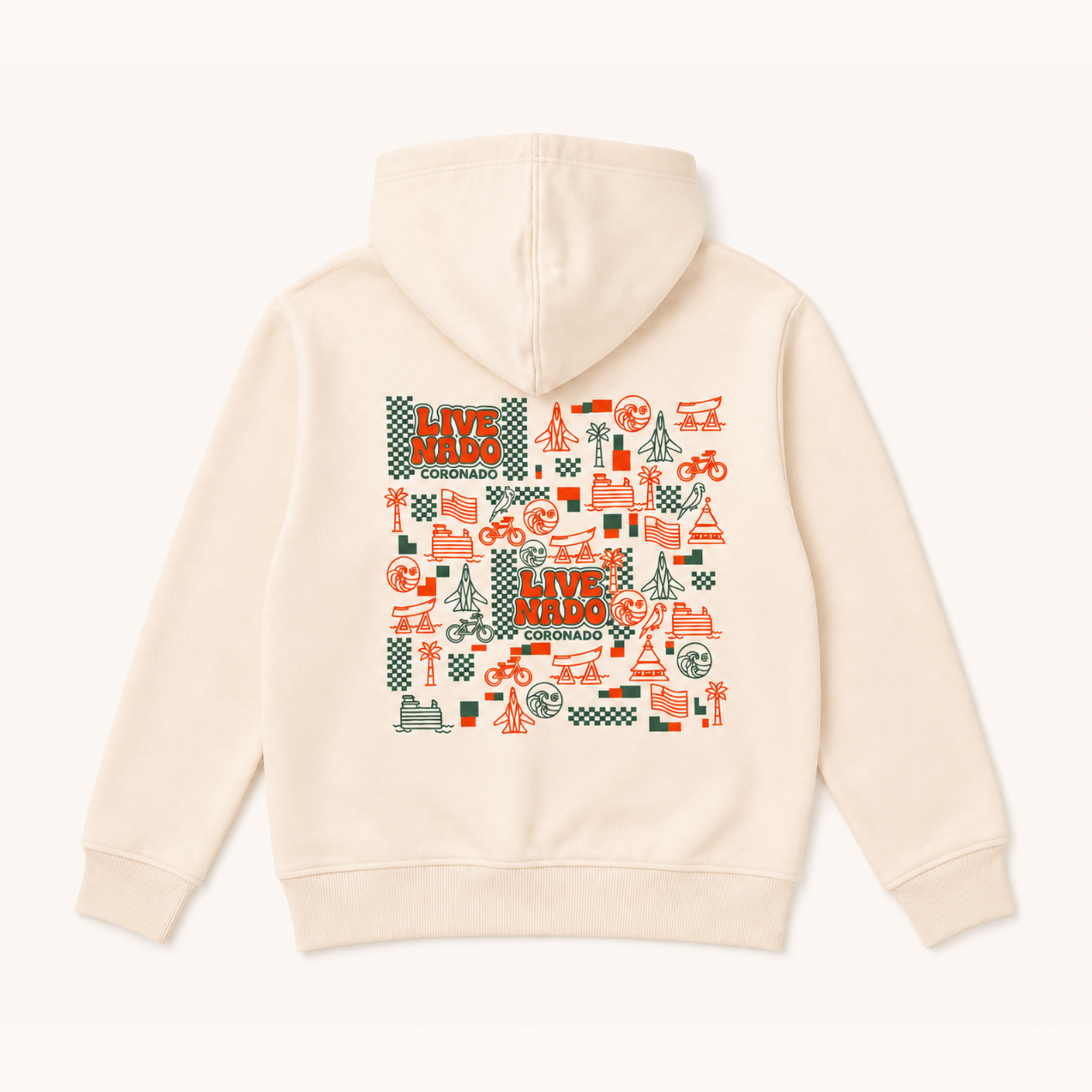 Beige hoodie with colorful graphic design on the back against a white background