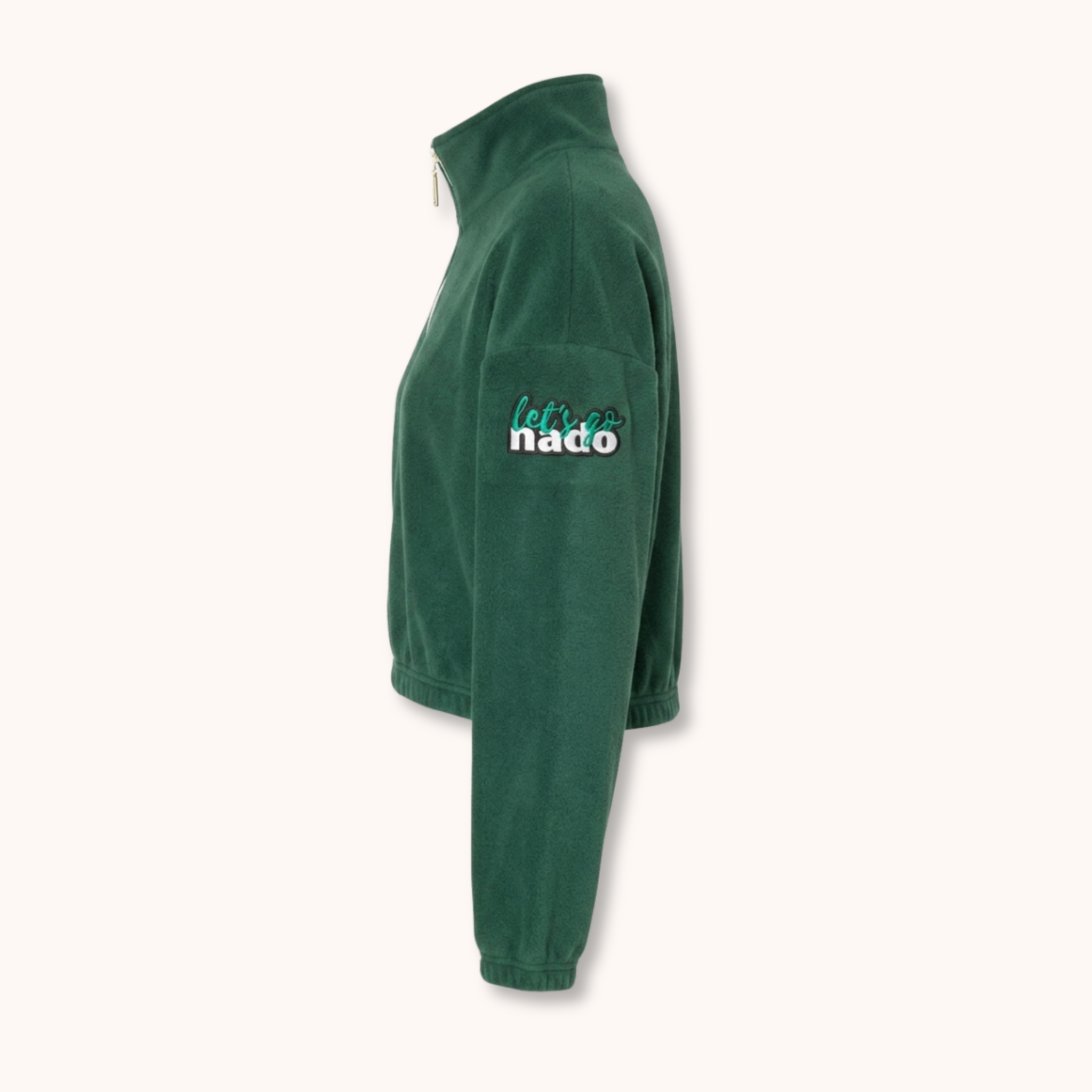 Green fleece jacket with 'let's nado' logo on a white background
