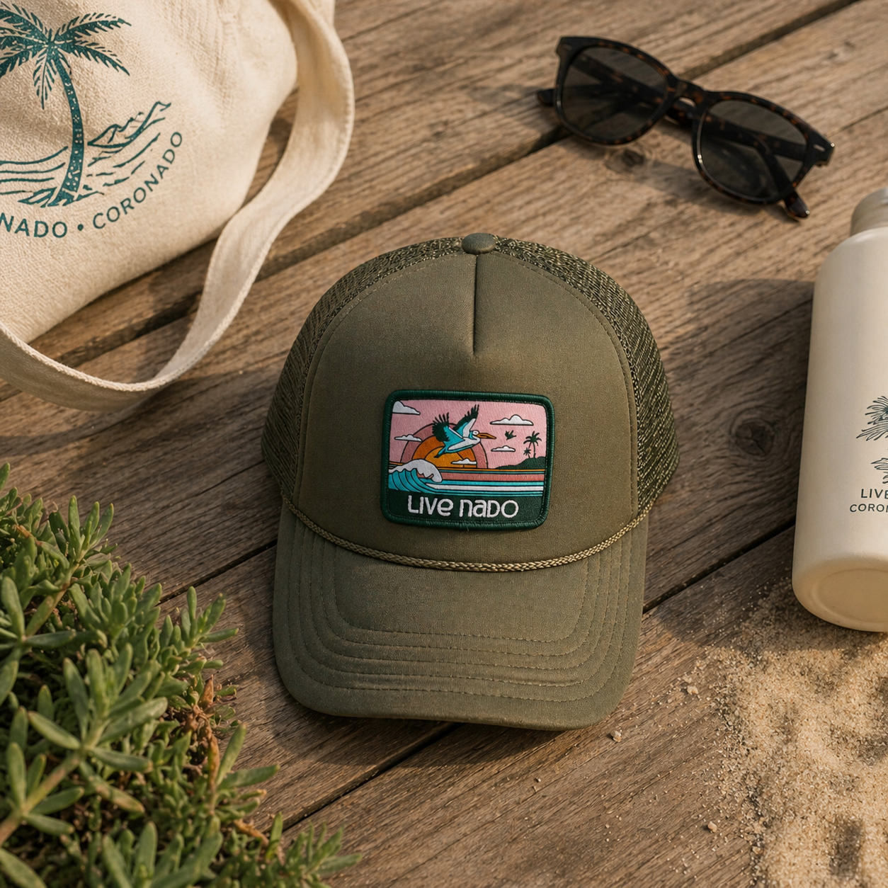 Green cap with a patch on a wooden surface with a bag, sunglasses, and bottle in the background.