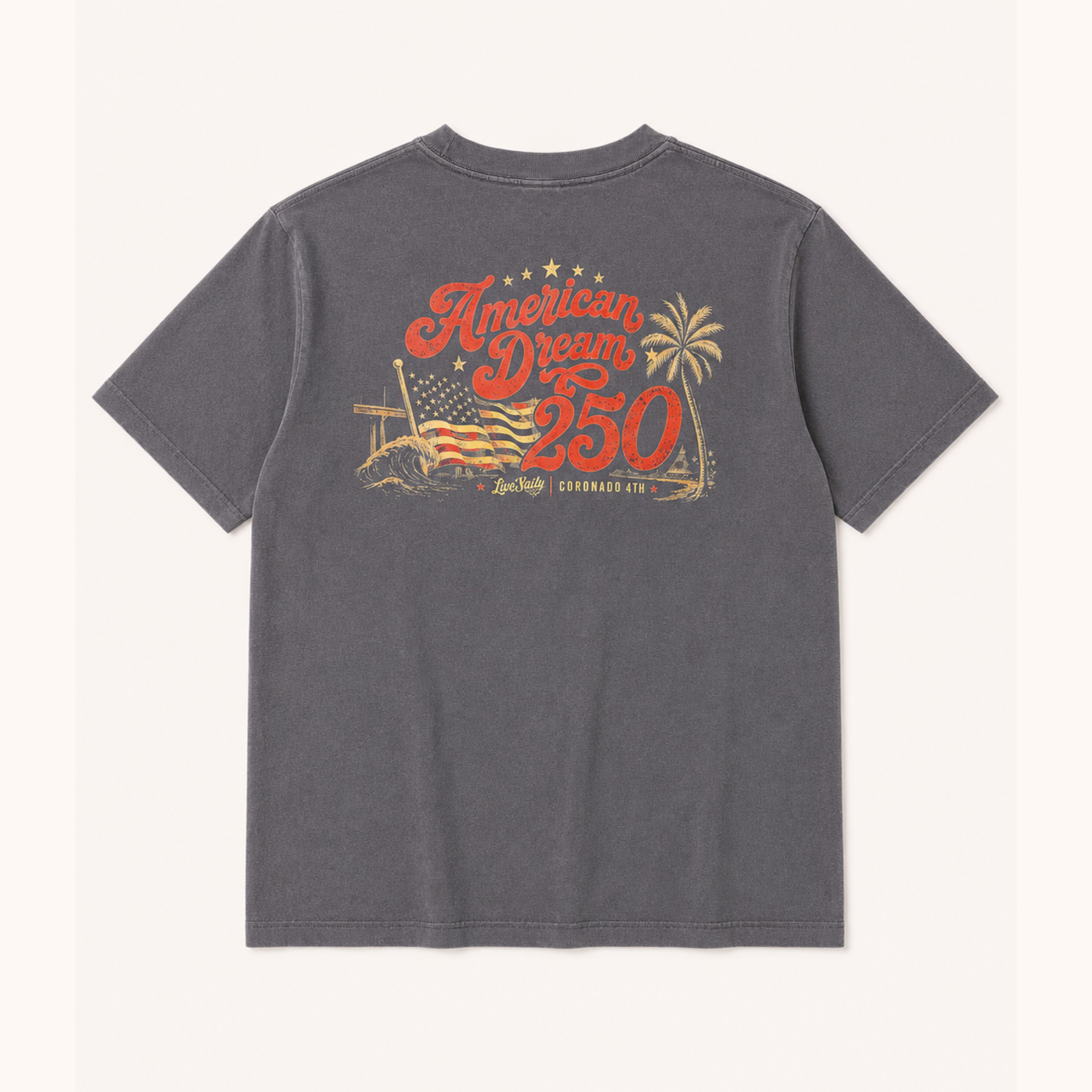 Gray t-shirt with 'American Dream 250' graphic on a white background
