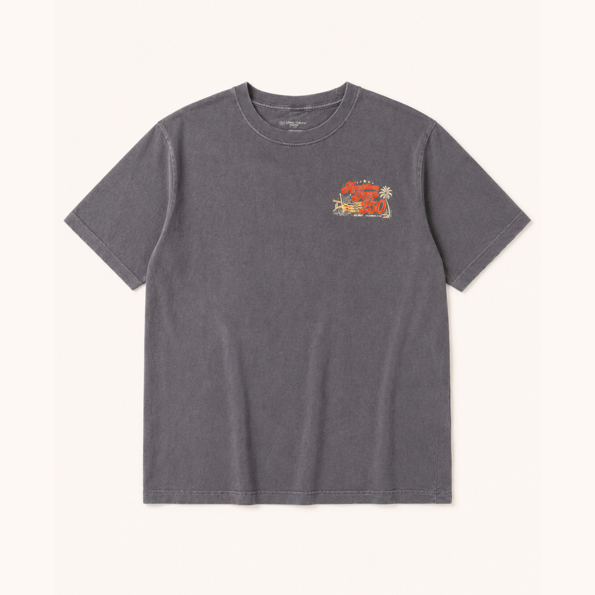 Gray t-shirt with a small colorful graphic on a white background
