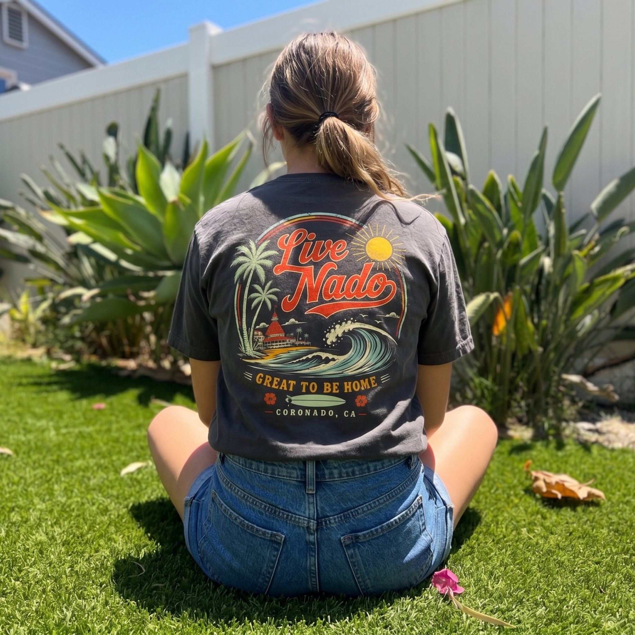 A woman sitting cross-legged on green grass wearing a charcoal grey t-shirt with a vintage retro surf graphic reading "Live Nado."