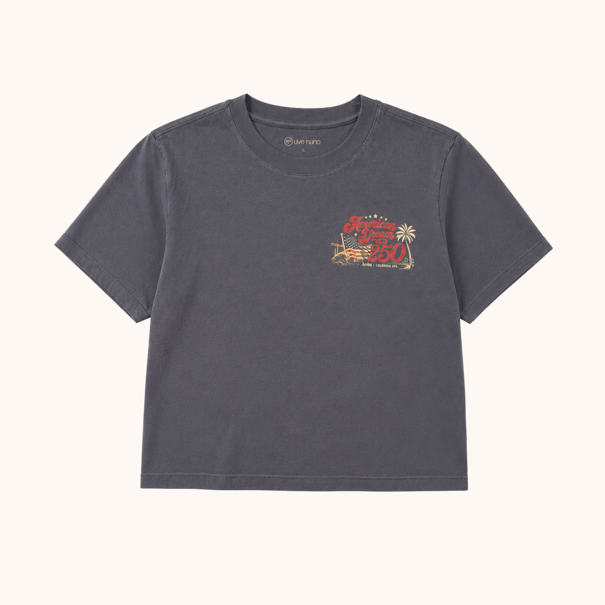 vintage navy t-shirt with a colorful graphic on a white background