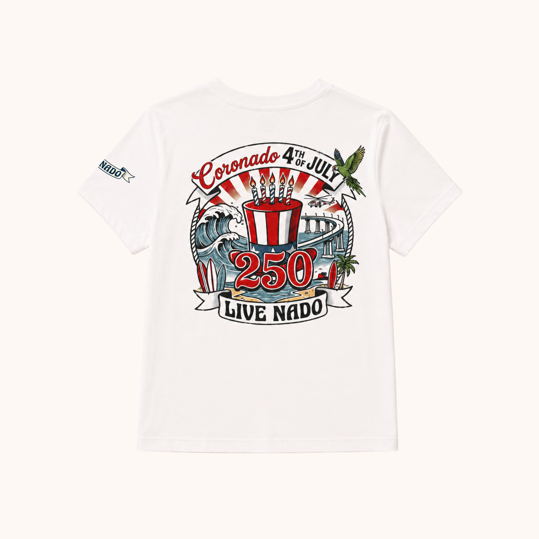 White t-shirt with a colorful graphic design featuring text and graphics on a white background