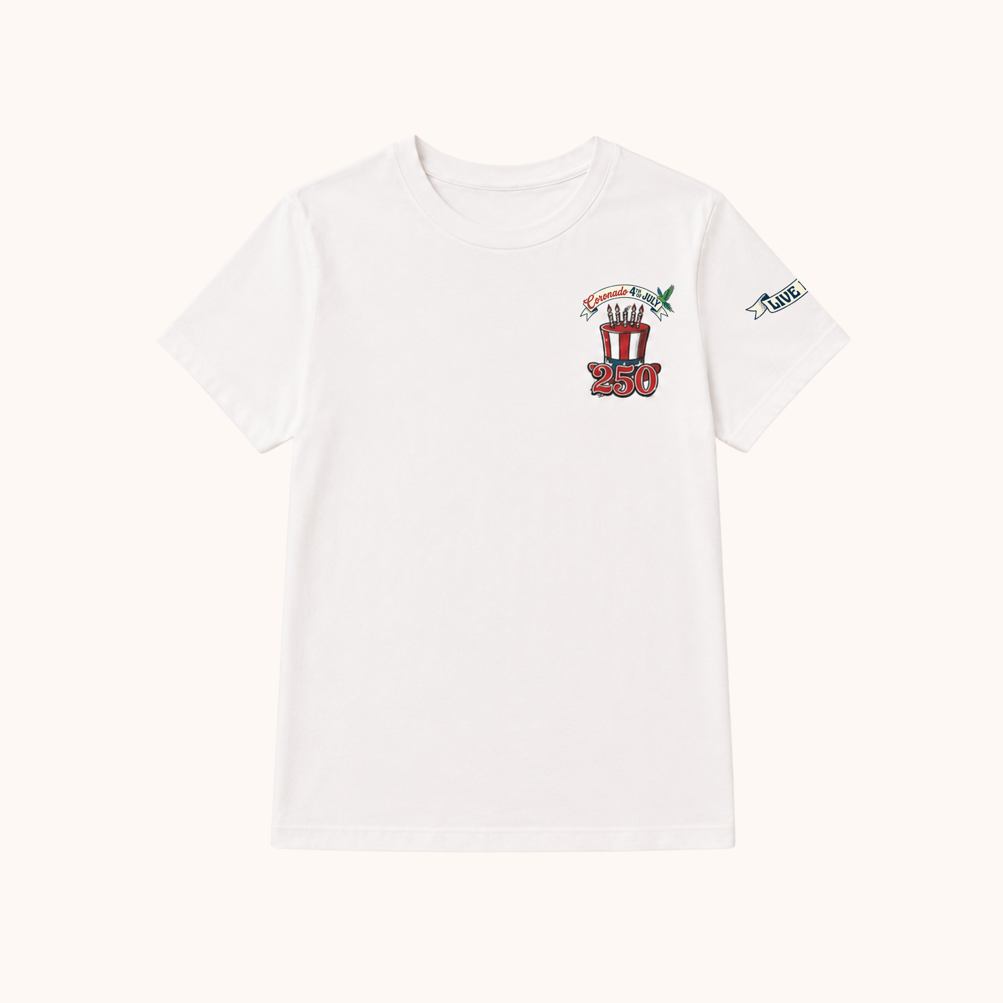 White t-shirt with colorful graphics on a white background